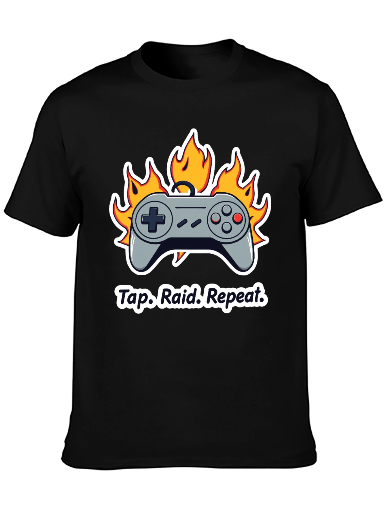 Black Gamer T-Shirt: Tap Raid Repeat - Controller in Flames view 3