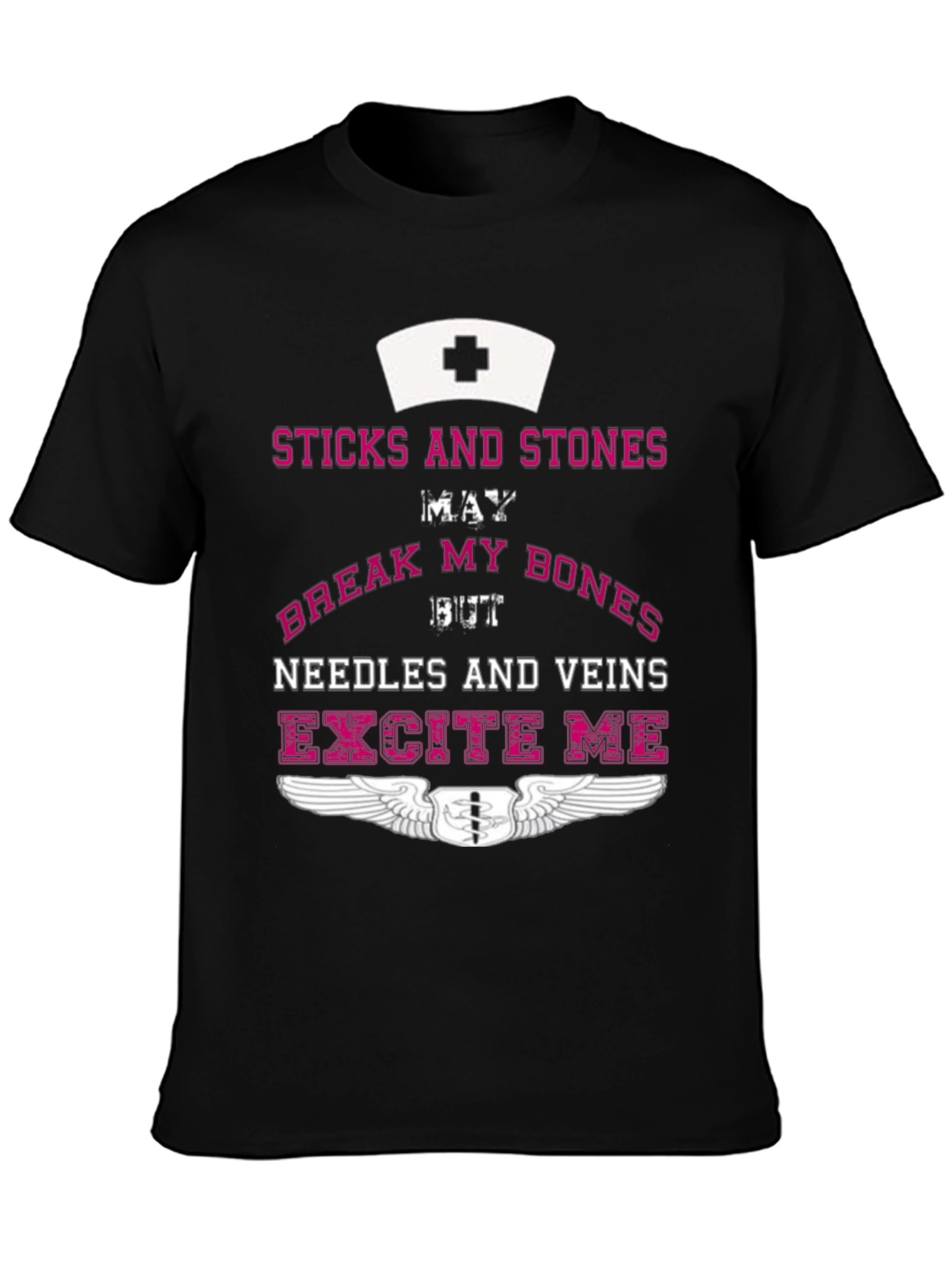 Black Nurse Humor T-Shirt - Sticks & Stones, Needles & Veins view 3