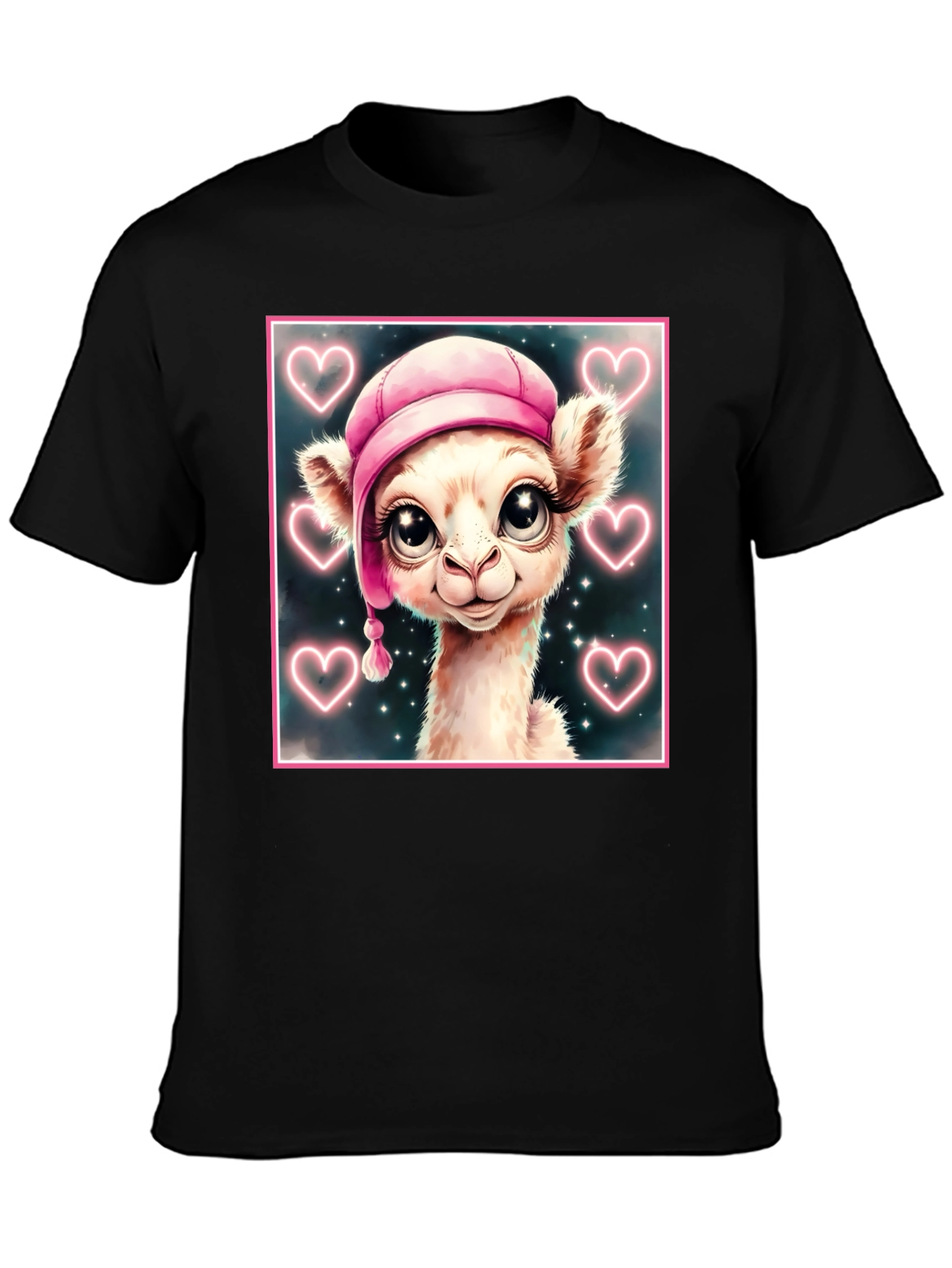 Black Cute Llama in Pink Hat - Graphic Tee view 3