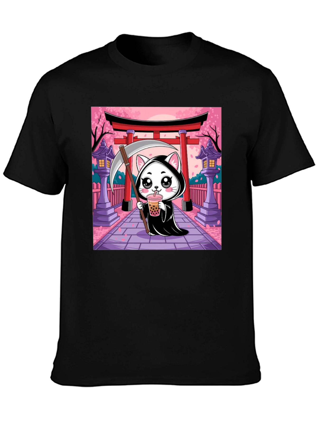 Black Kawaii Grim Reaper Cat T-Shirt view 3