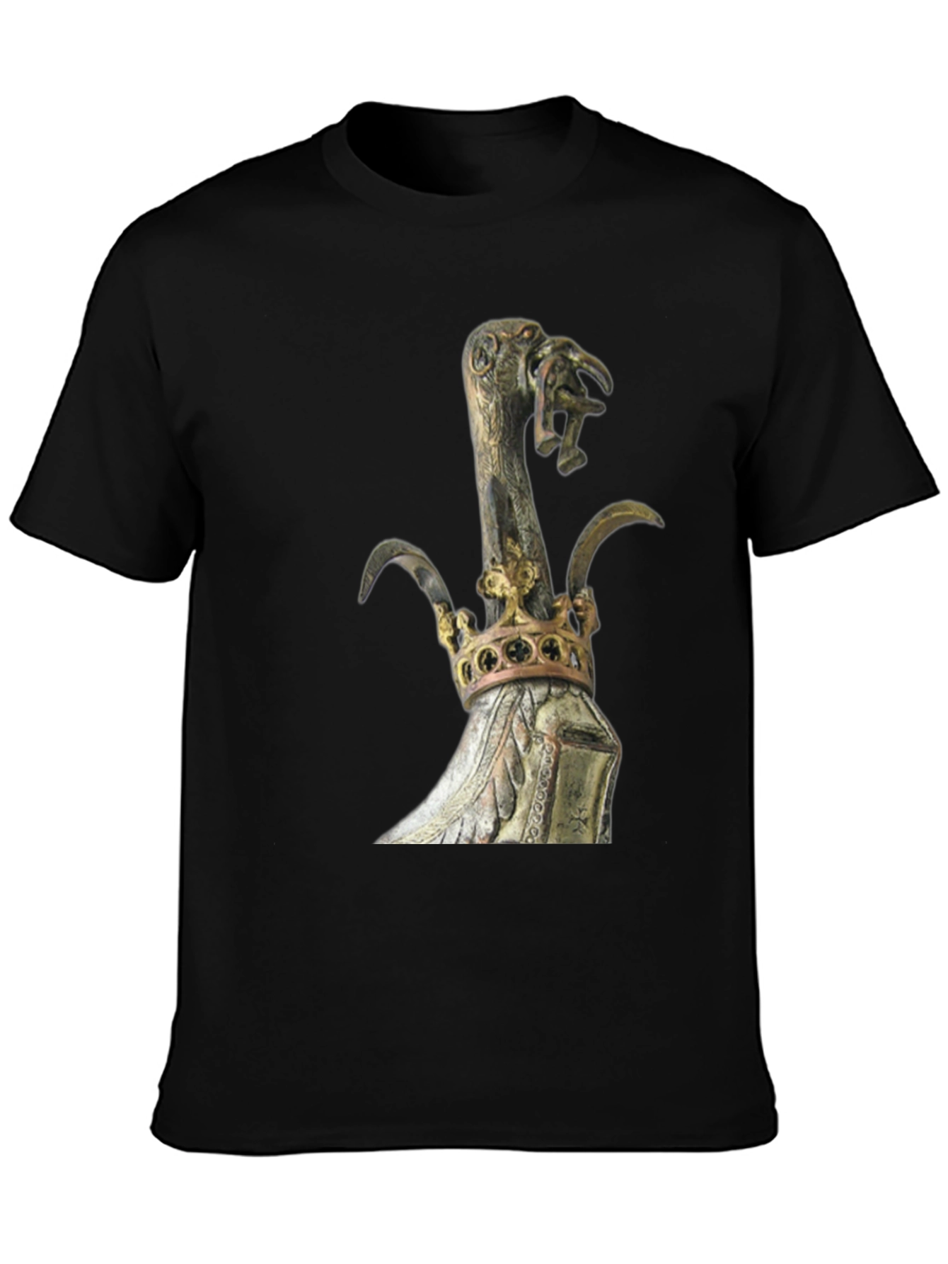 Black Black T-Shirt with Ornate Crown and Bird Scepter Design view 3