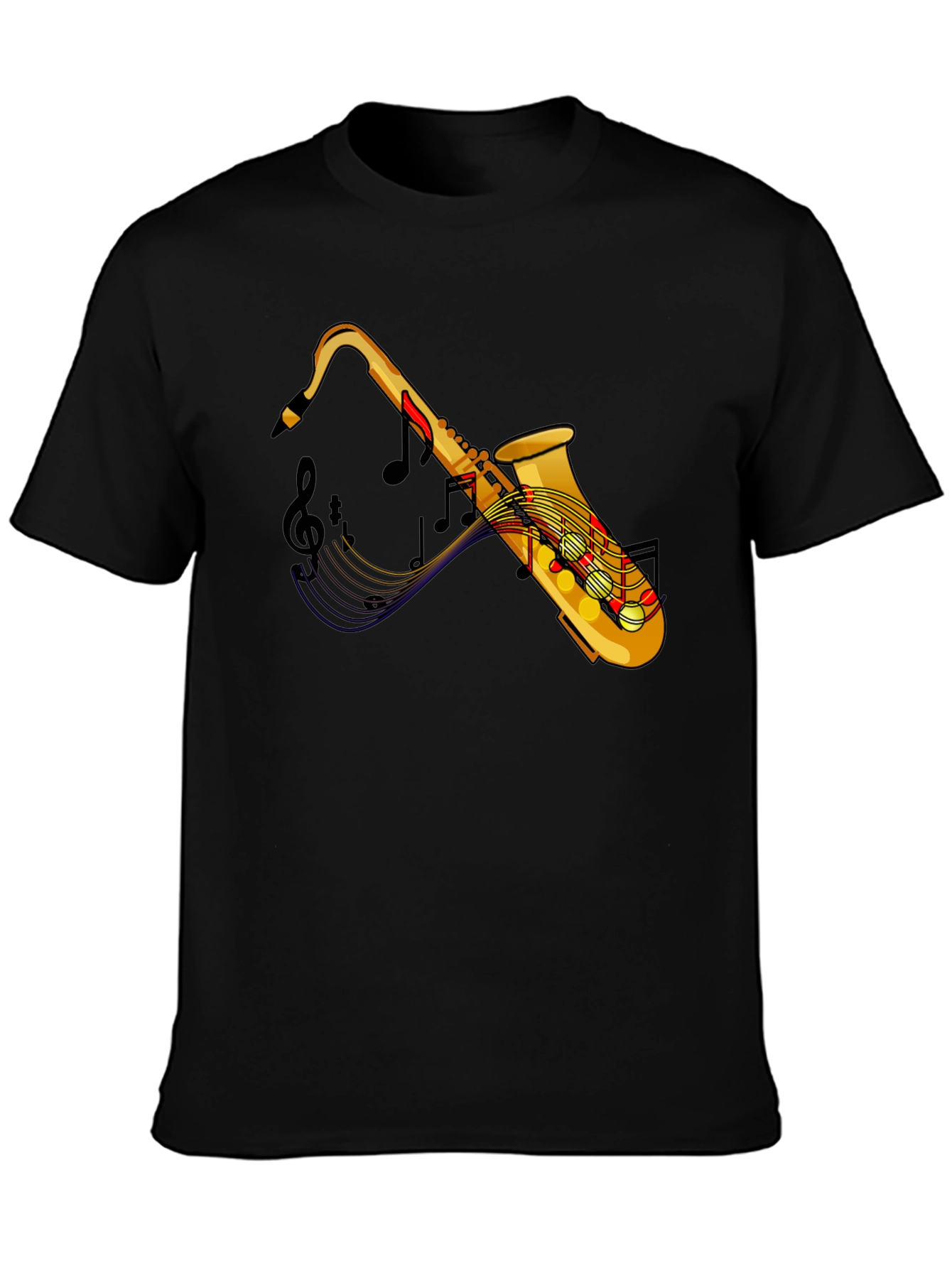 Black Saxophone Music Notes Graphic Black Tee Shirt view 3
