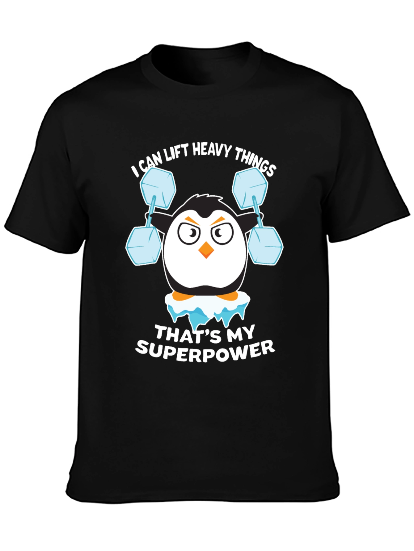 Black Penguin Lifting Weights Funny T-Shirt view 3