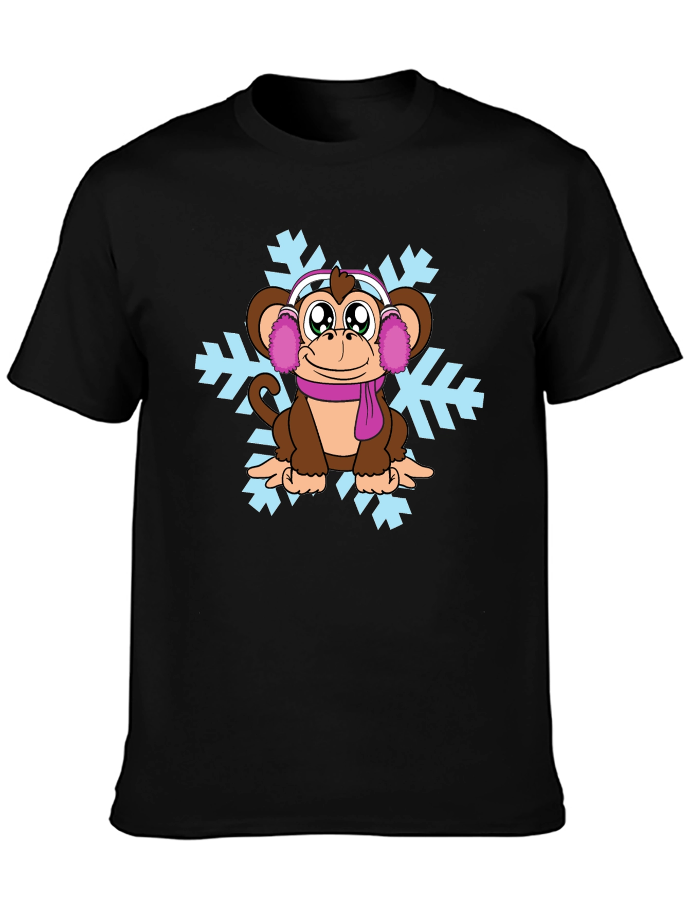 Black Winter Monkey T-Shirt - Cute Cartoon Design view 3