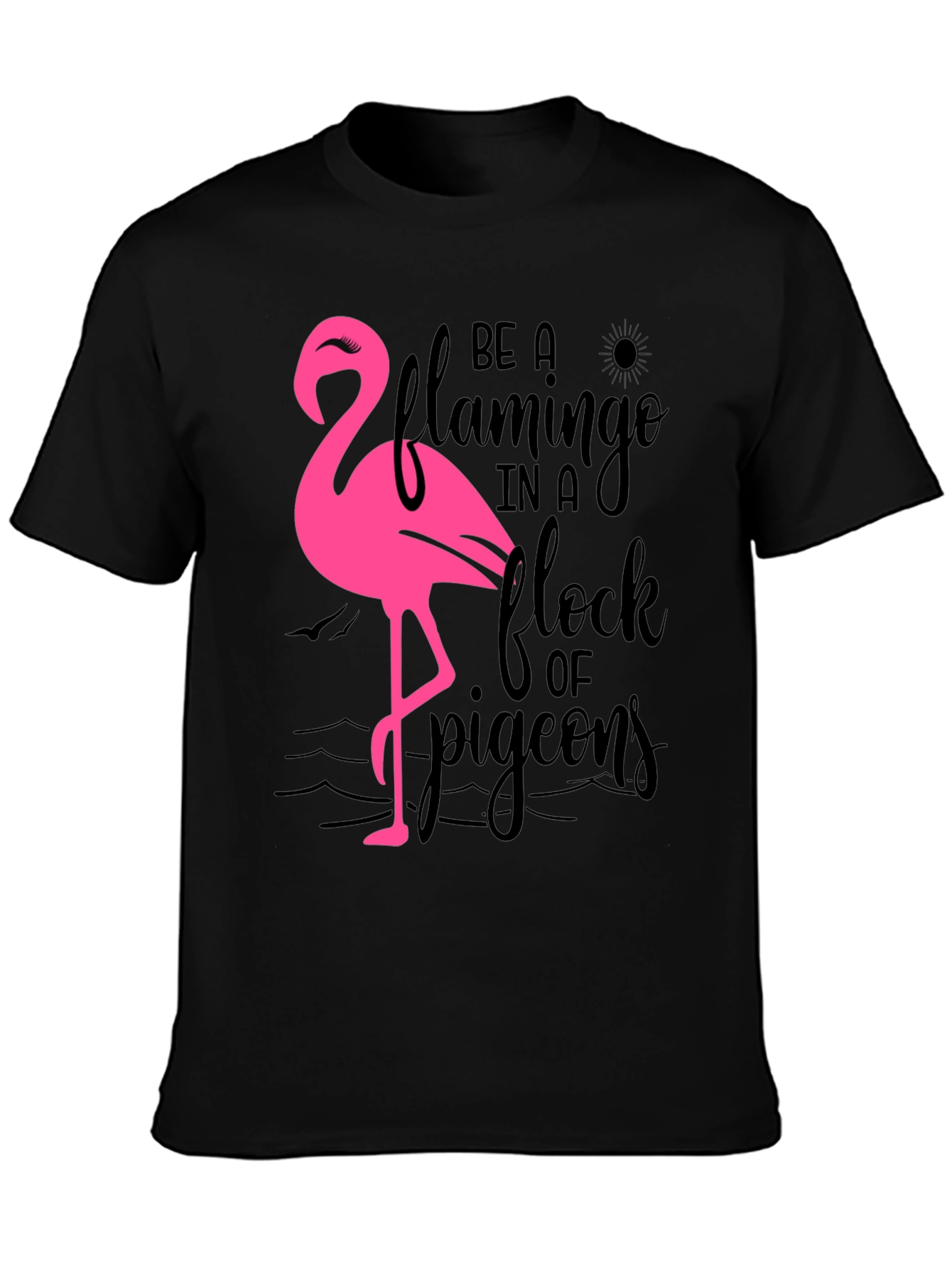 Black Be a Flamingo T-Shirt, Black Cotton Tee view 3