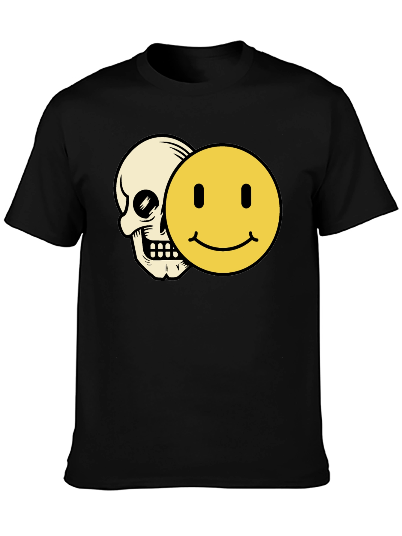Black Skull Smiley Face Graphic Tee - Black Cotton T-Shirt view 3