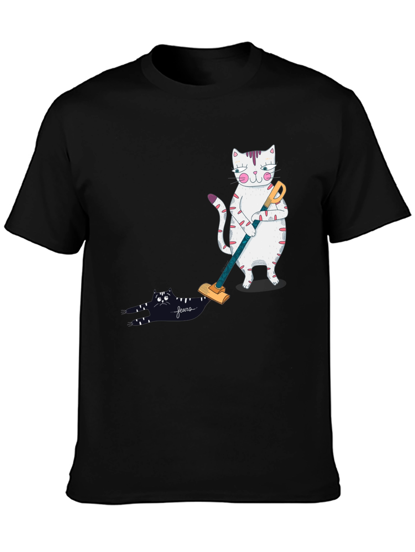 Black Funny Cat Vacuuming T-Shirt view 3