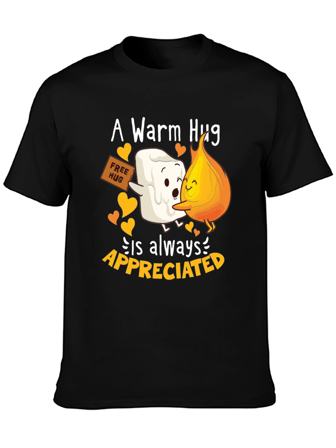 Black Warm Hug T-Shirt: Marshmallow and Flame Design view 3