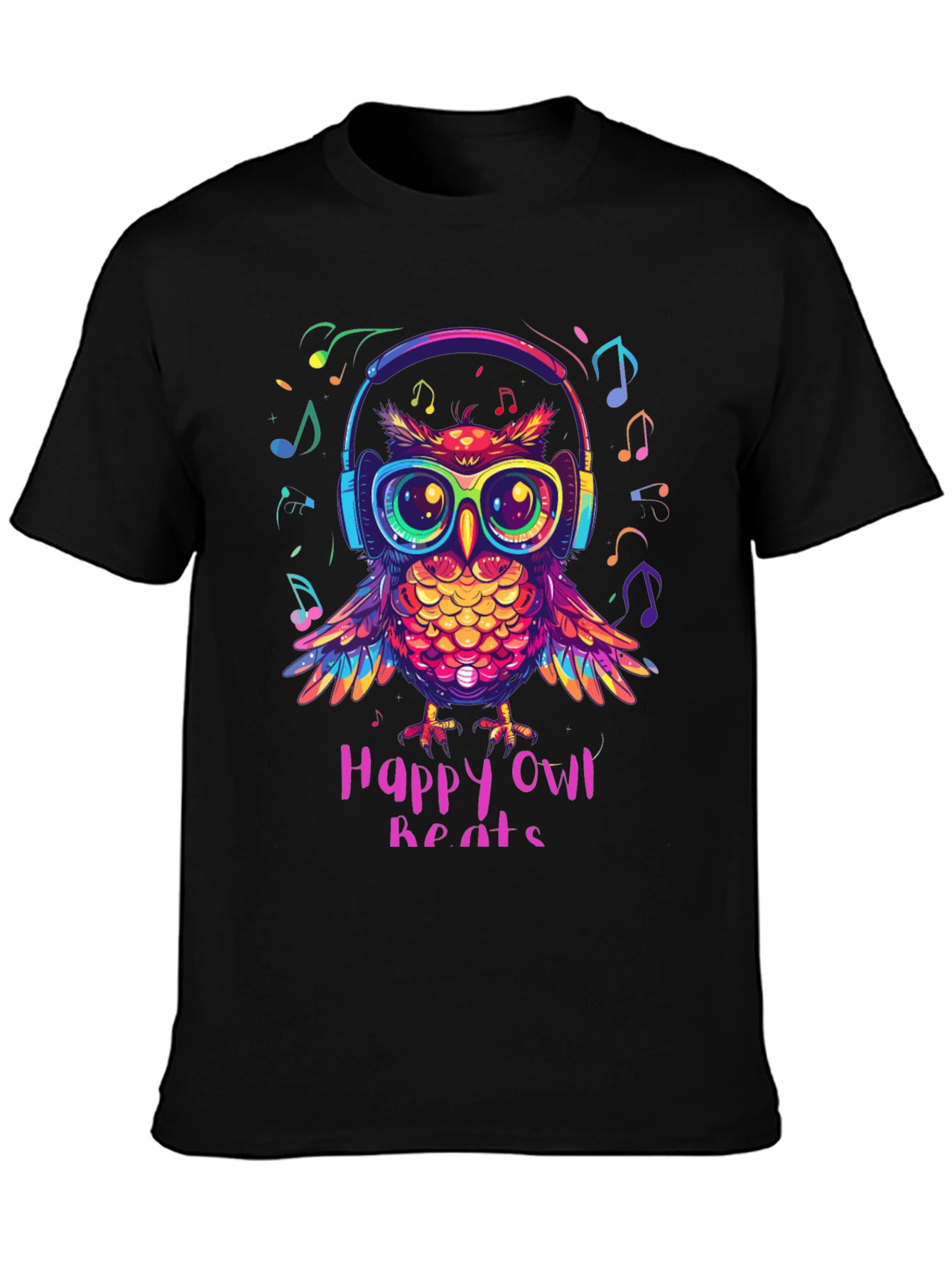 Black Happy Owl Beats T-Shirt - Colorful Music Lover Tee view 3