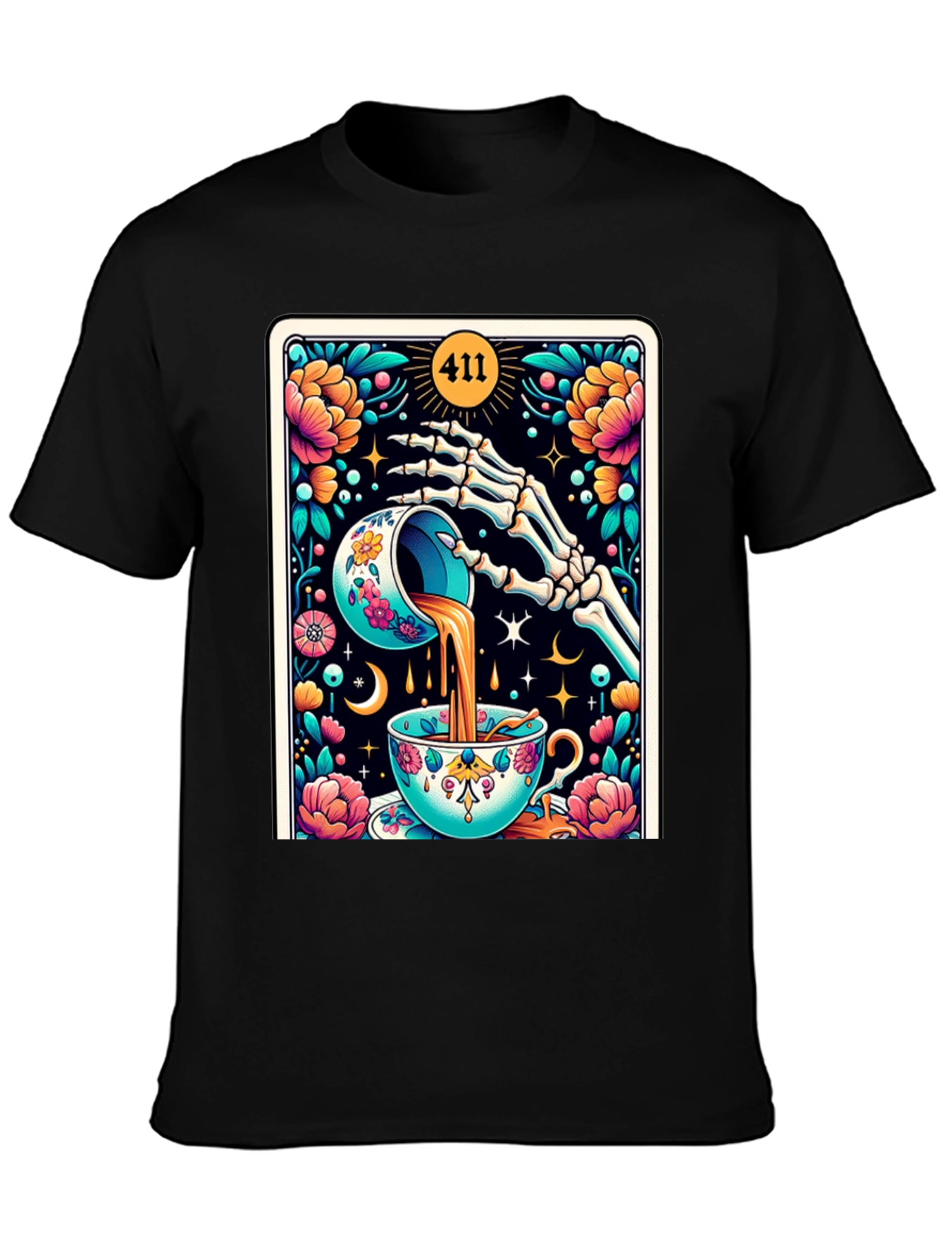 Black Floral Skeleton Tea Cup Tarot Graphic Tee view 3