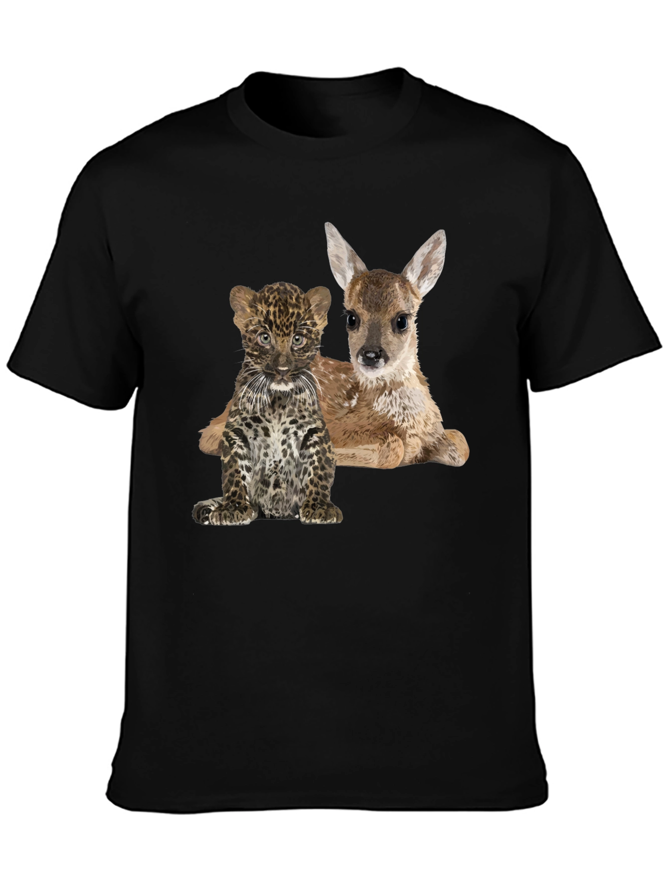 Black Cute Animal Graphic Tee - Deer and Leopard Cub view 3