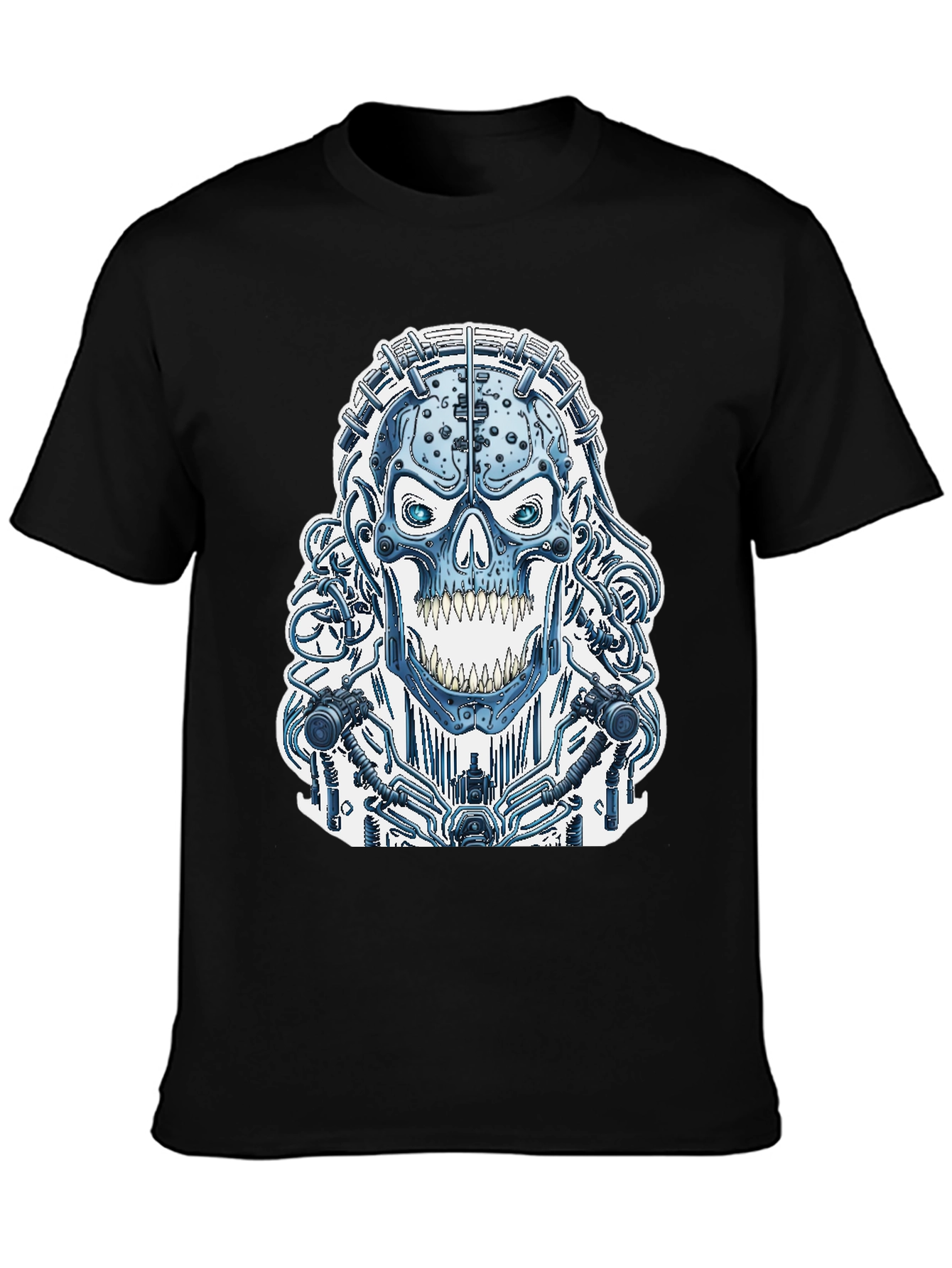 Black Cyberpunk Skull Graphic Tee - Black Cotton T-Shirt view 3