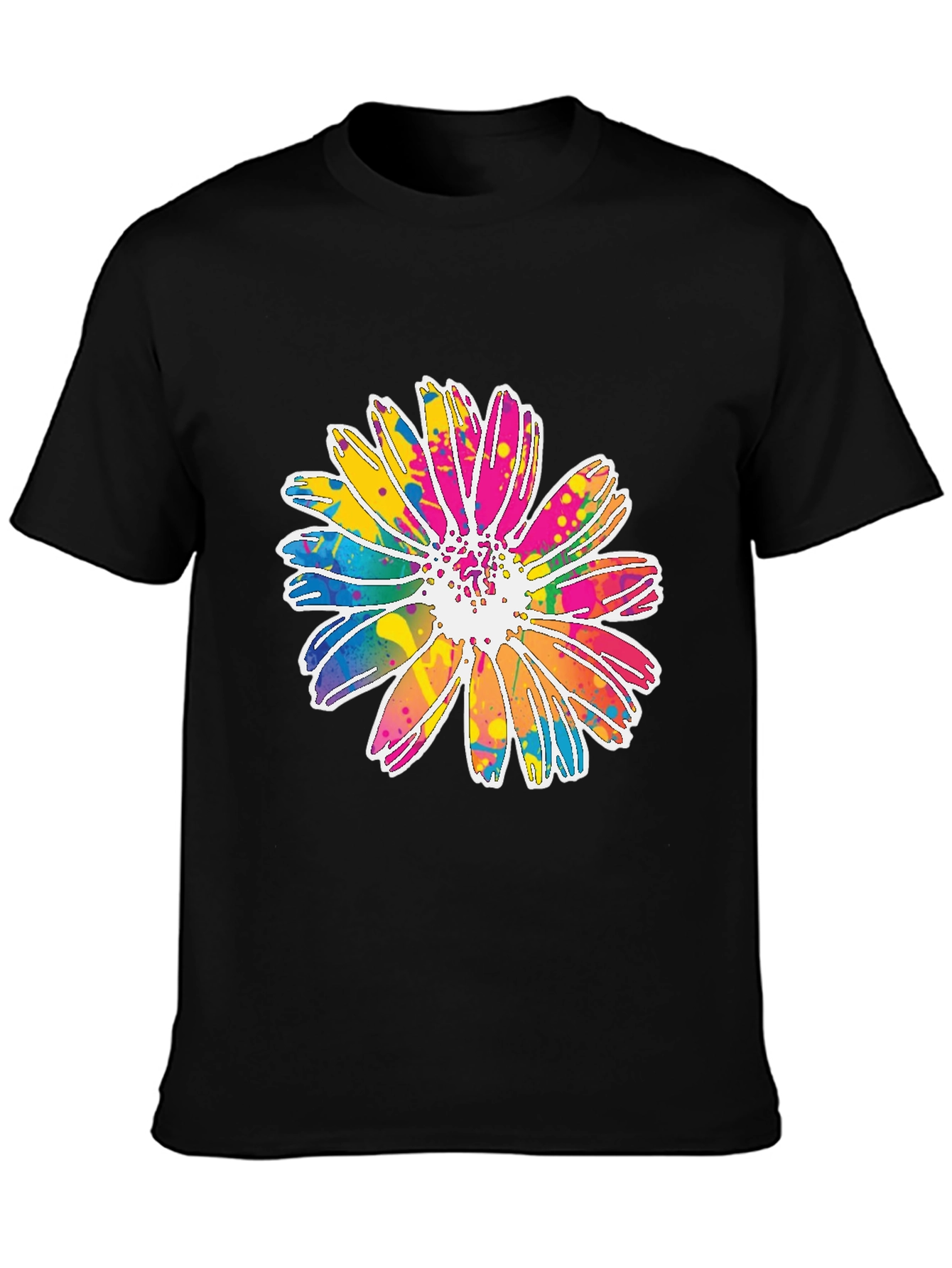 Black Colorful Daisy Graphic Tee - Soft Cotton Blend view 3