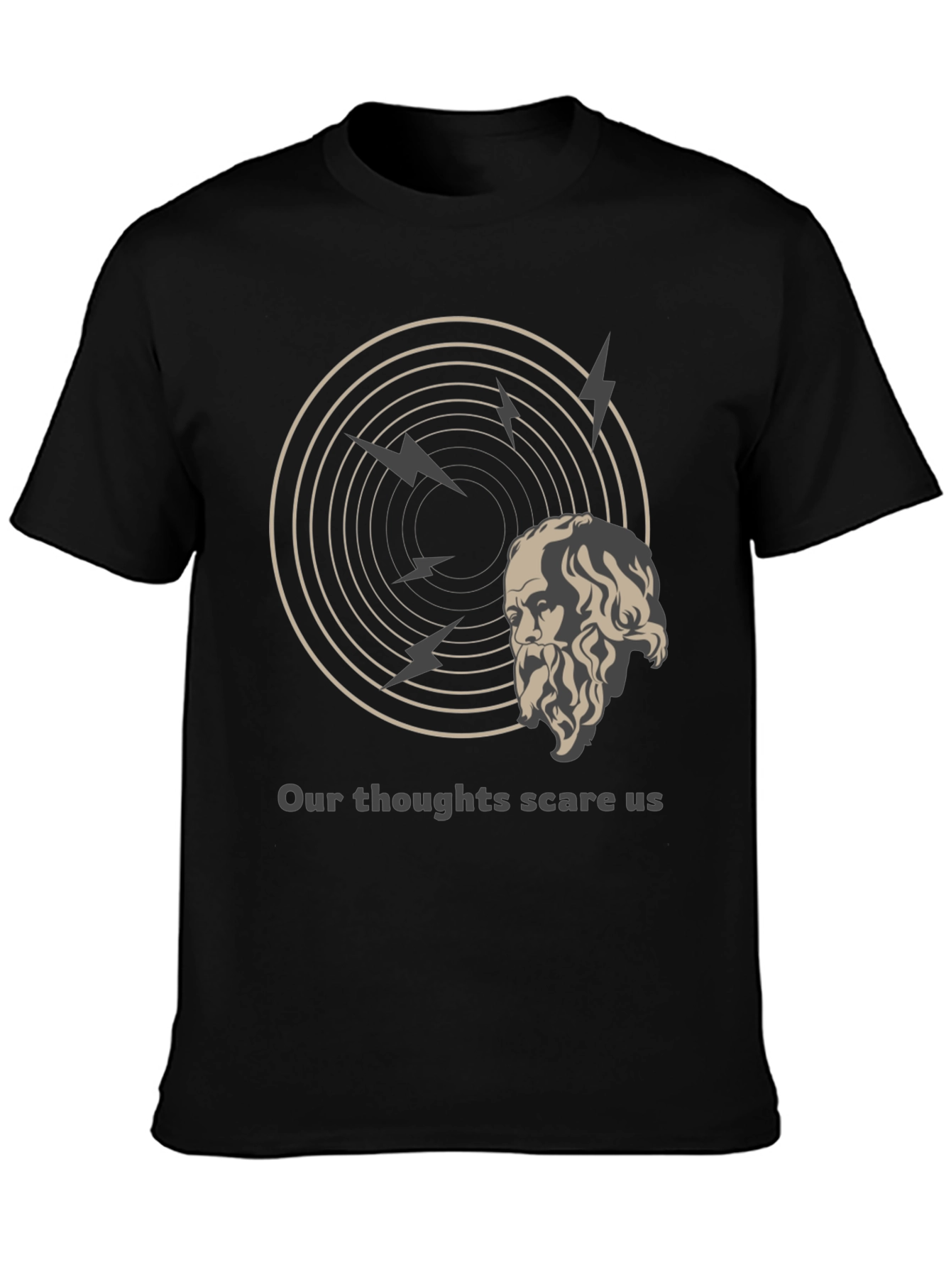 Black Philosophical T-Shirt: Our Thoughts Scare Us Tee view 3