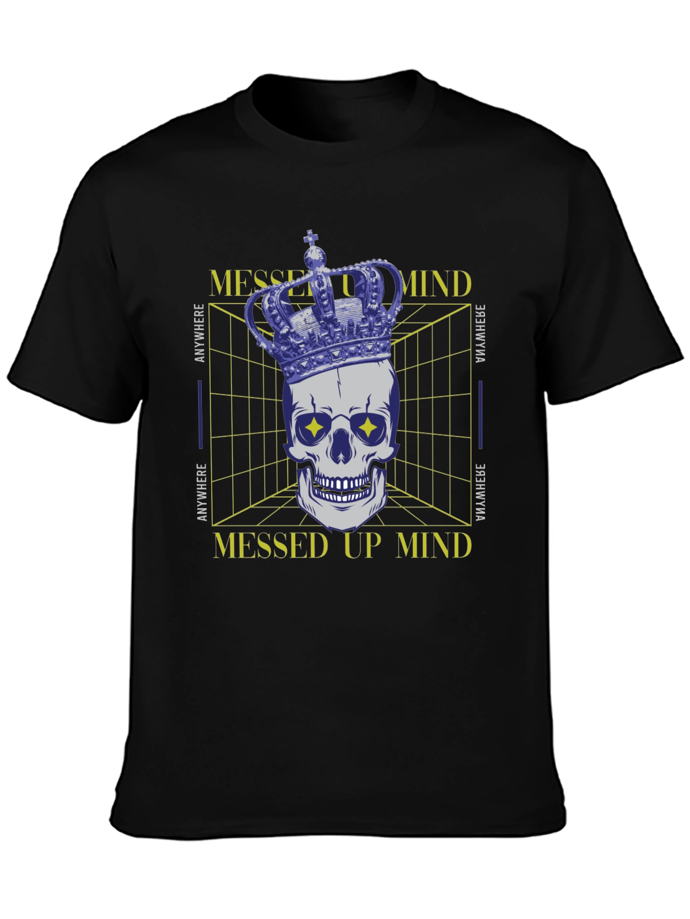 Black Messed Up Mind Graphic T-Shirt - Crown Skull Design view 3