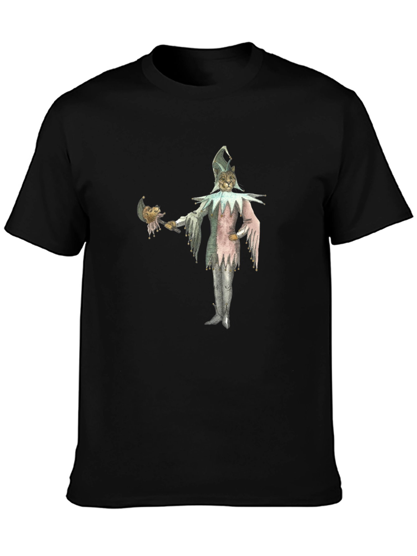 Black Whimsical Cat Jester Graphic Tee view 3
