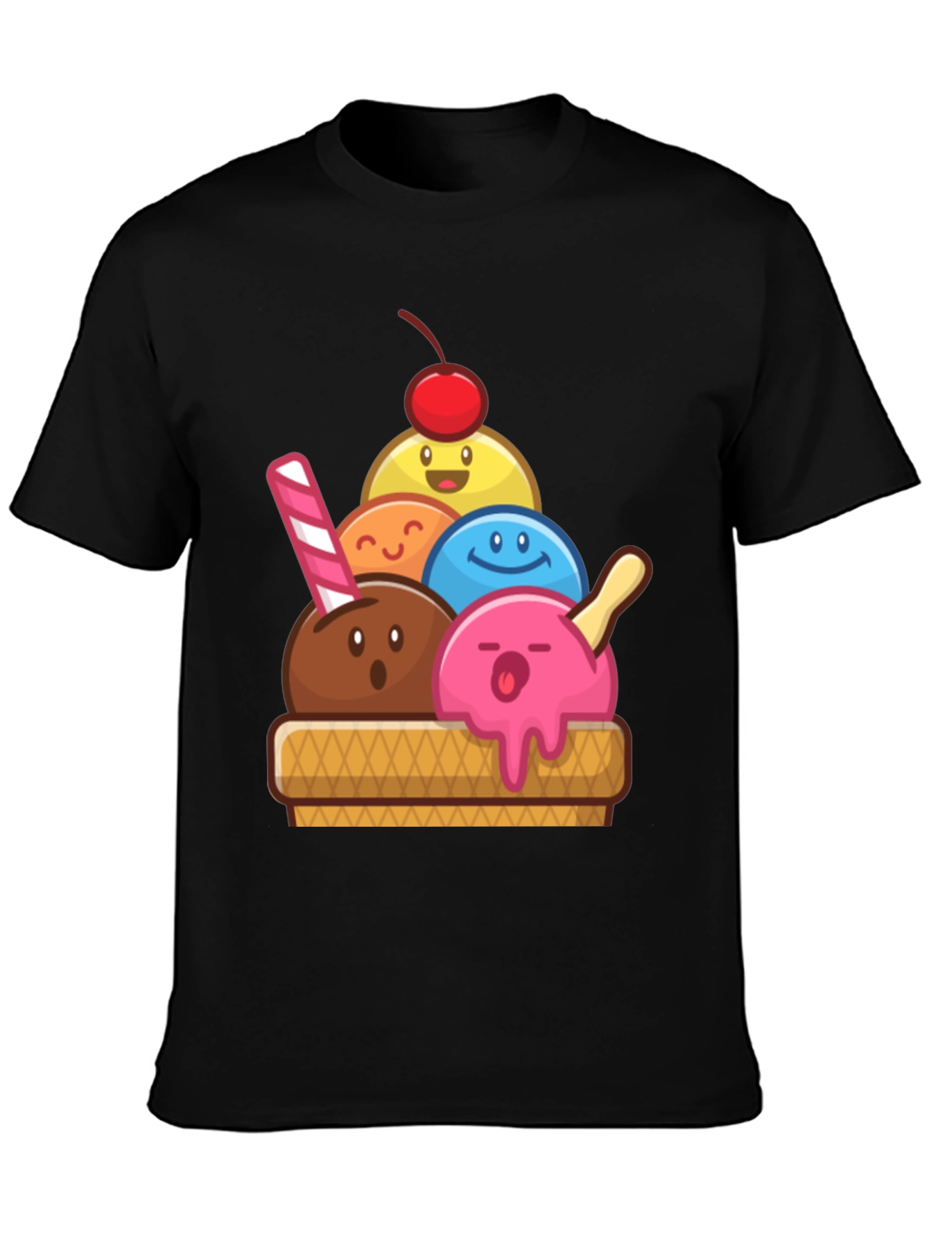 Black Cute Ice Cream Cartoon Graphic Tee view 3
