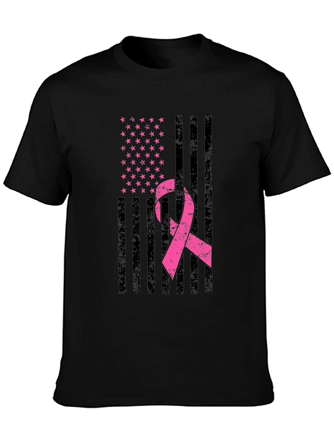 Black Breast Cancer Awareness American Flag T-Shirt view 3