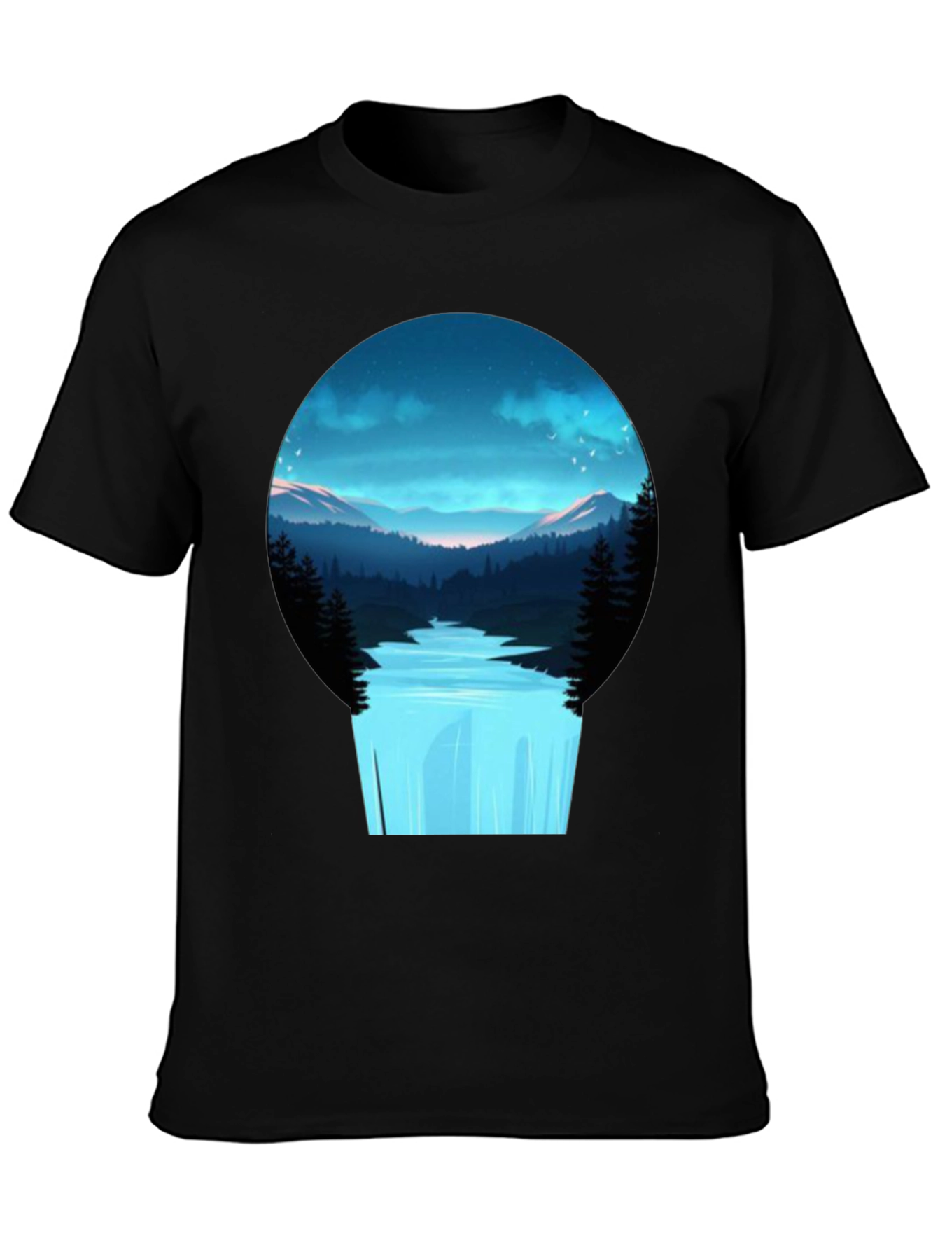Black Nature Vista Black Tee - Artistic Mountain Waterfall Design view 3