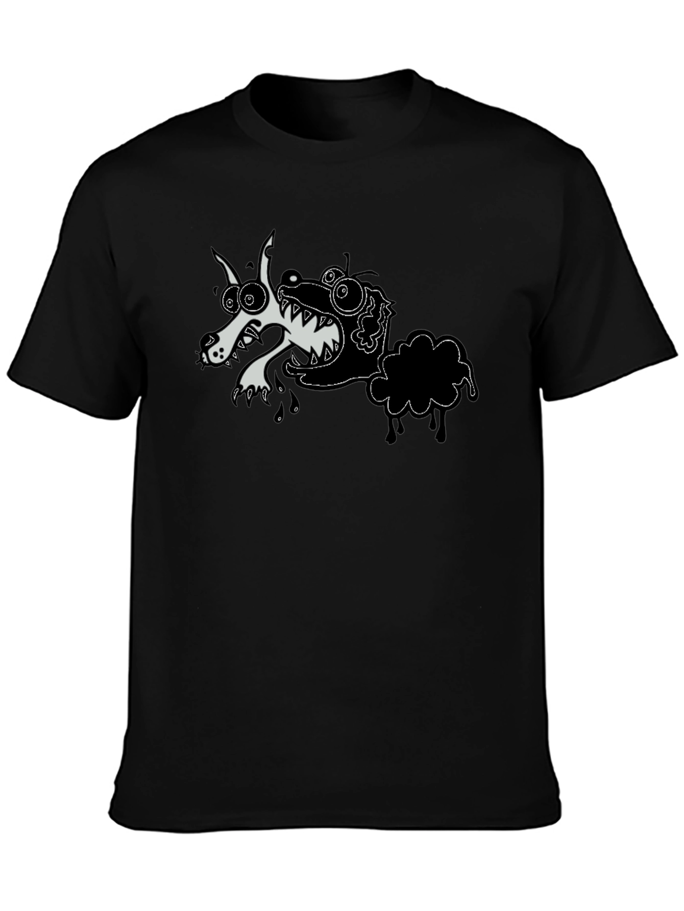 Black Cartoon Wolf & Sheep Black T-Shirt view 3