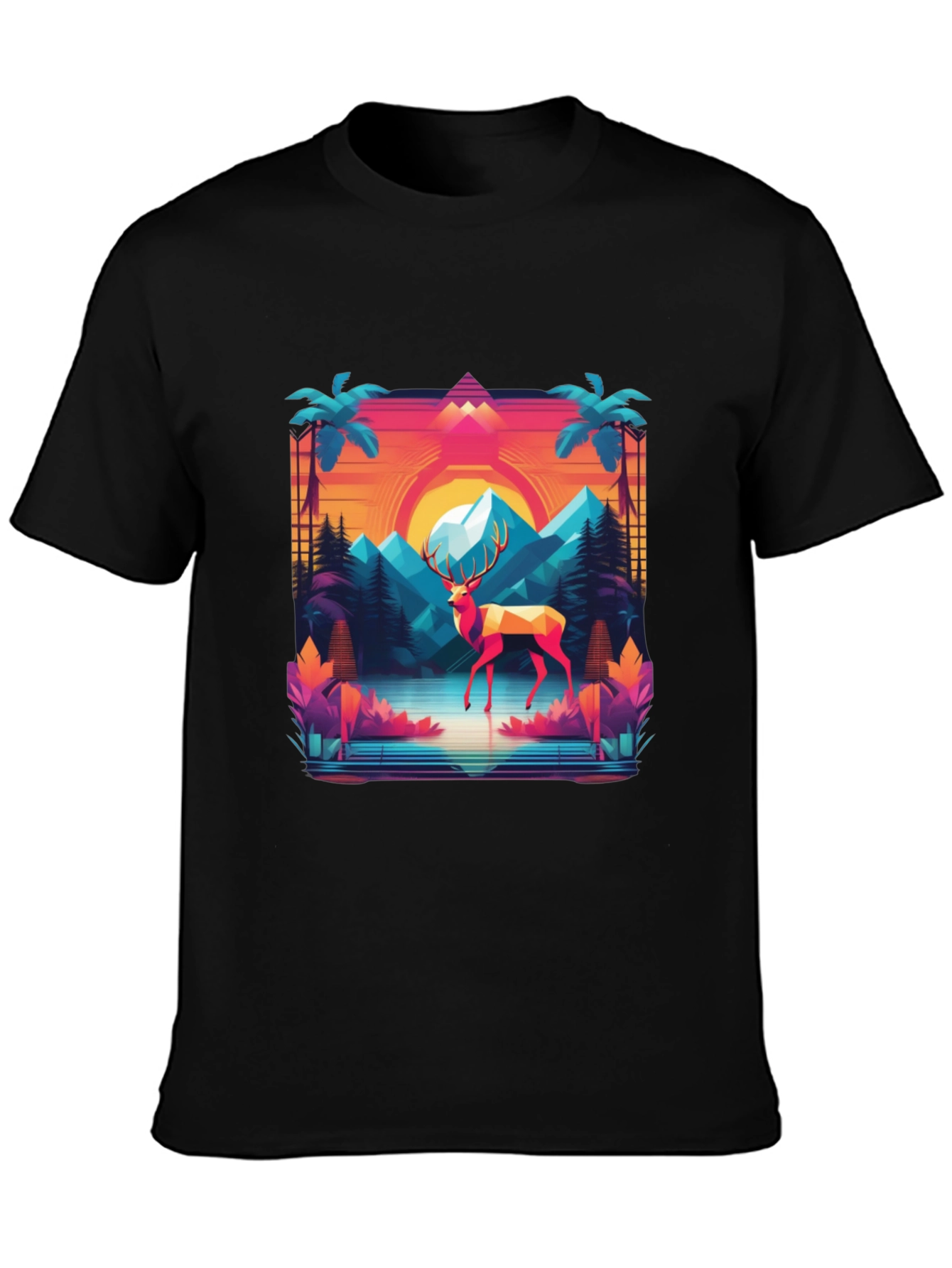 Black Retro Deer Graphic Tee - Synthwave Style view 3