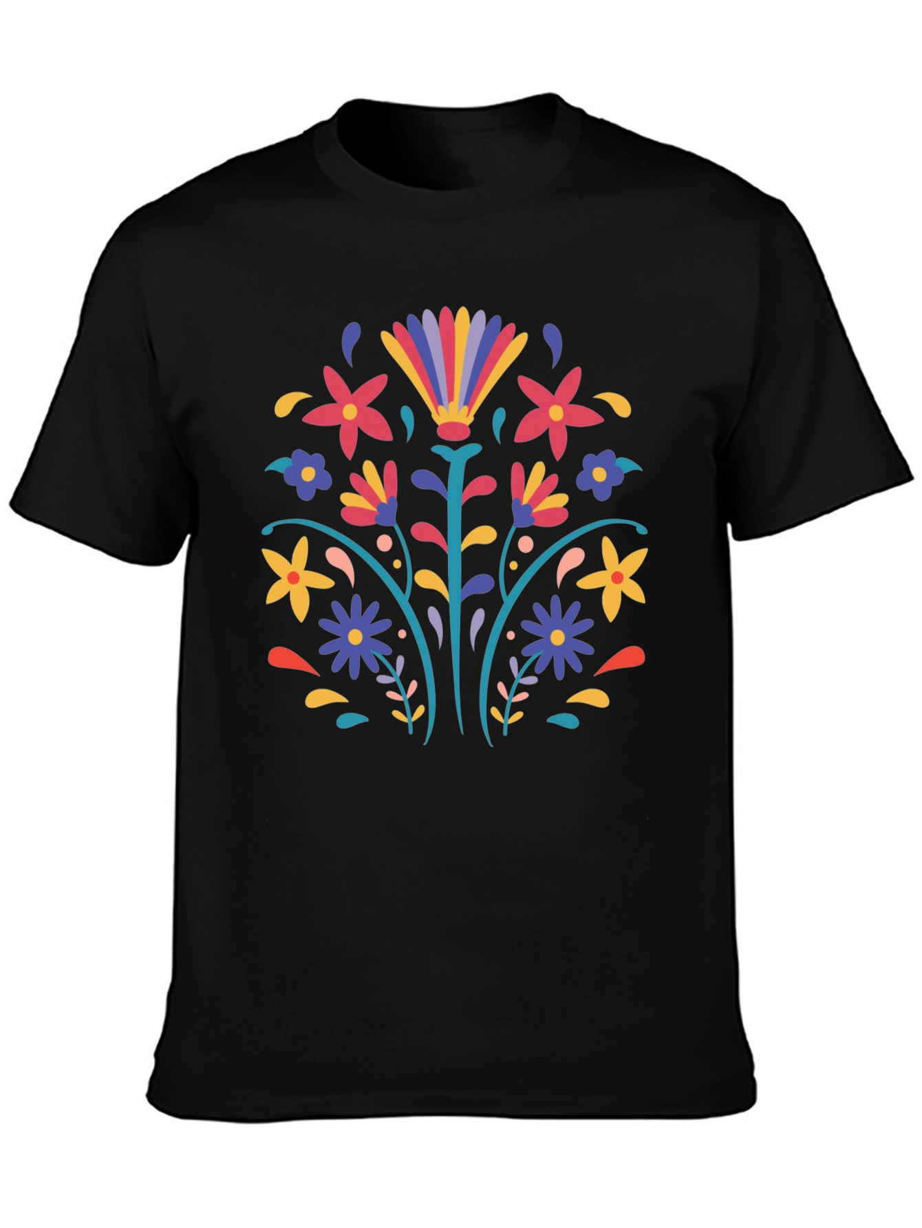 Black Floral Folk Art Black T-Shirt view 3