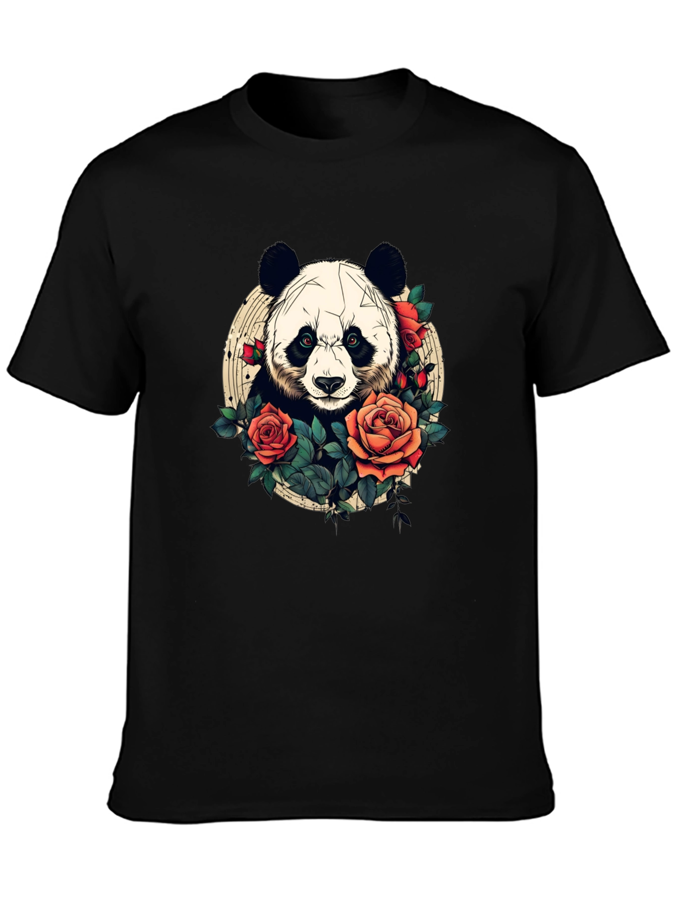 Black Panda Rose Graphic Tee - Black Crew Neck Casual T-Shirt view 3