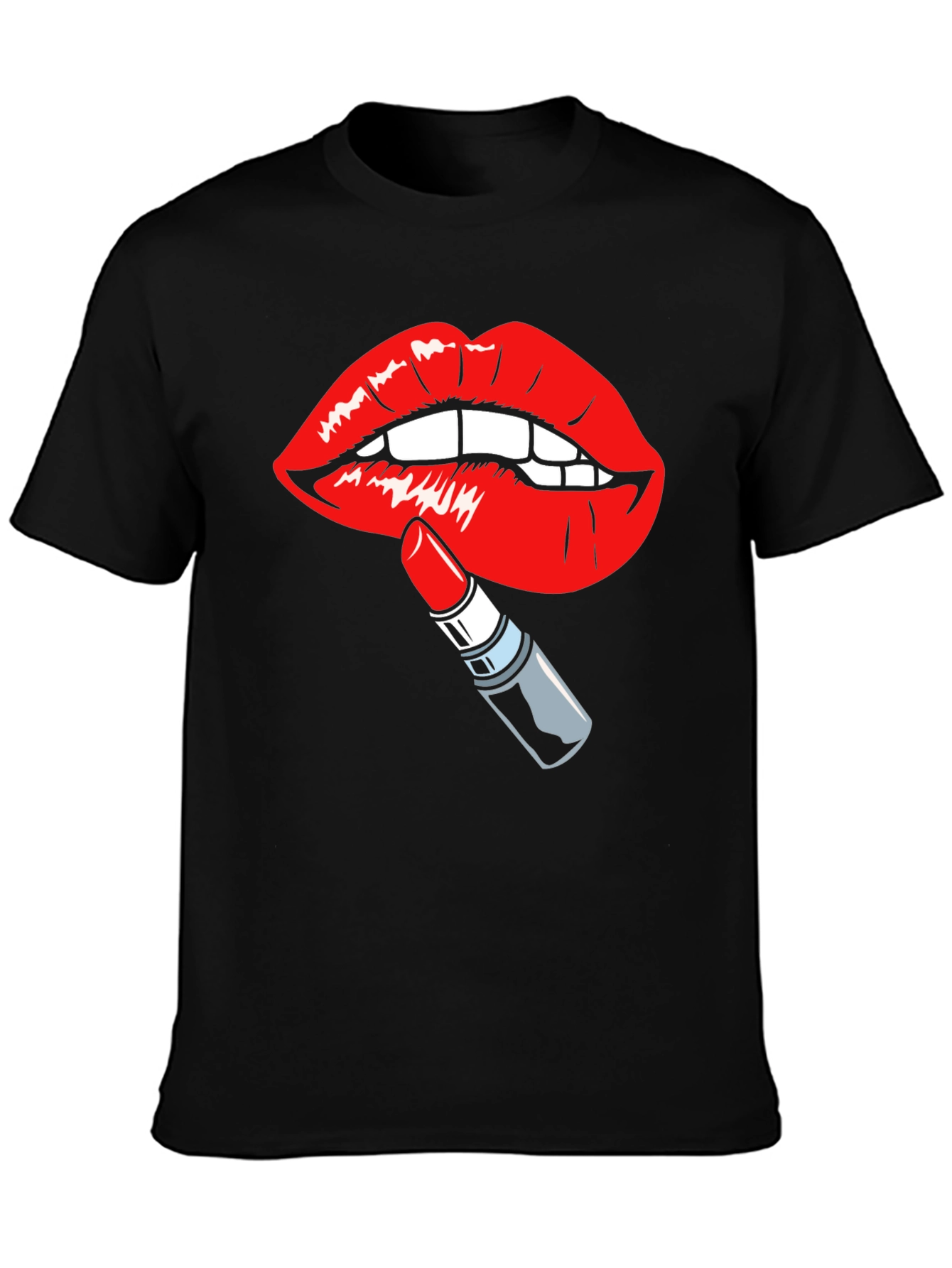 Black Bold Lips & Lipstick Graphic Tee - Black Cotton T-Shirt view 3