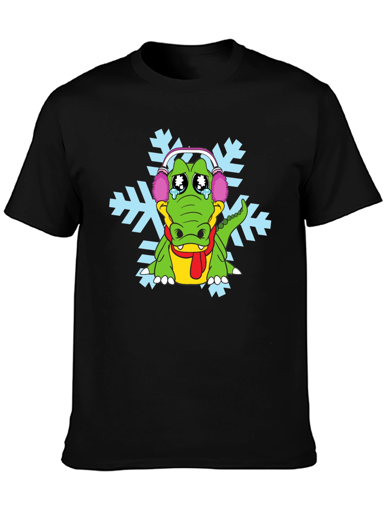 Black Sad Alligator Snowflake Graphic T-Shirt view 3