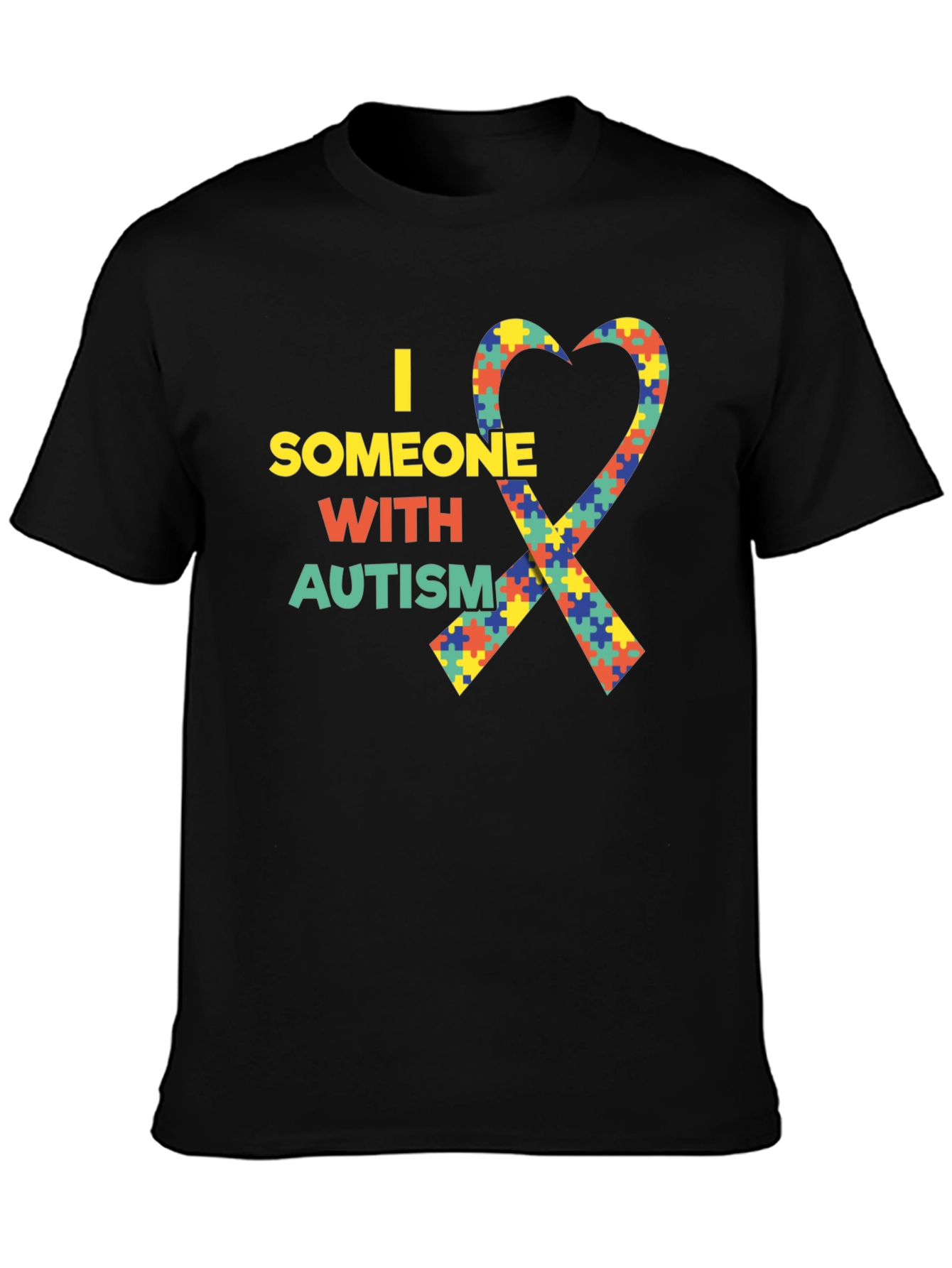 Black Autism Awareness Heart Ribbon Black T-Shirt view 3