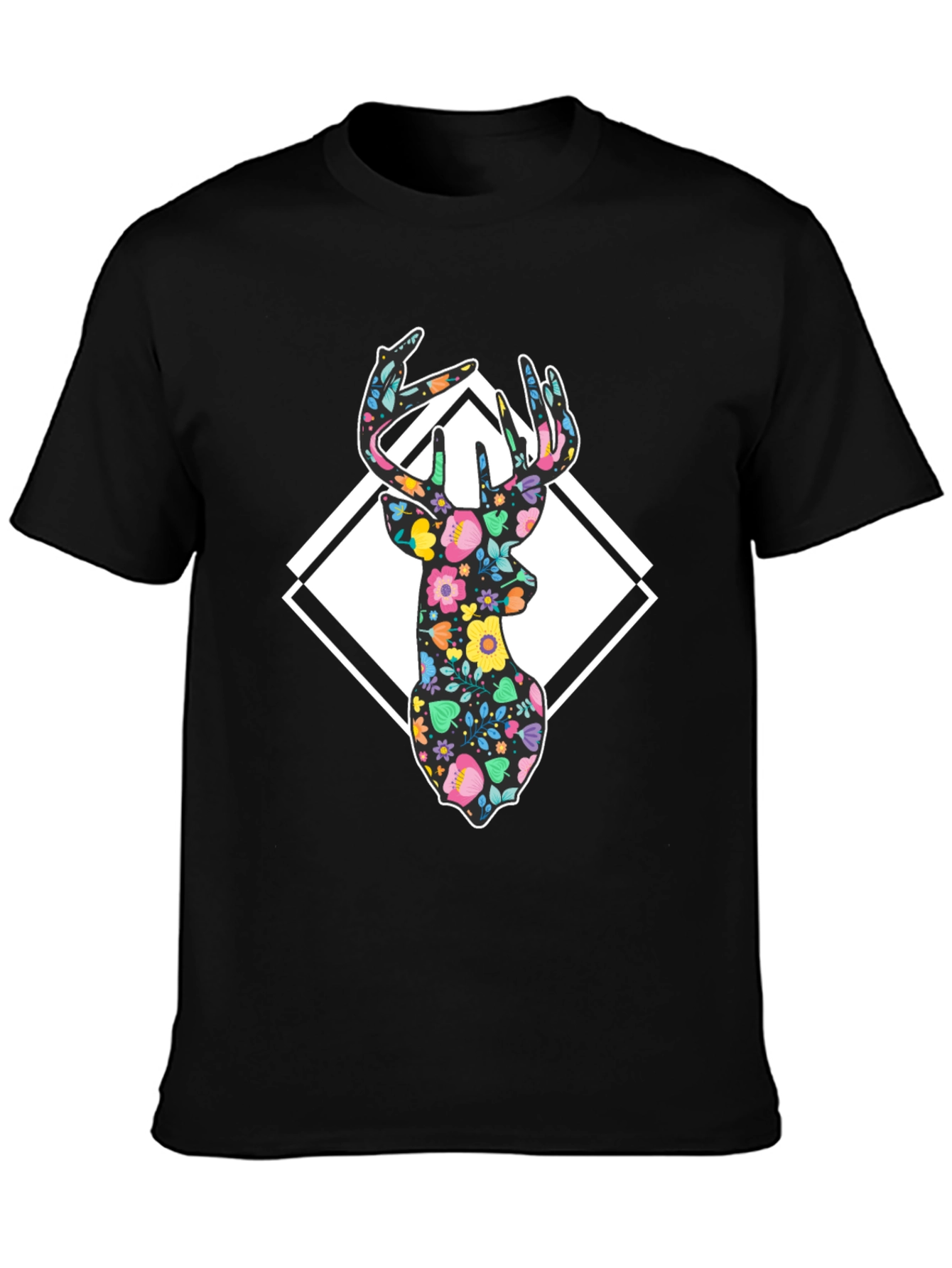 Black Floral Deer Graphic Tee - Black Cotton Blend view 3
