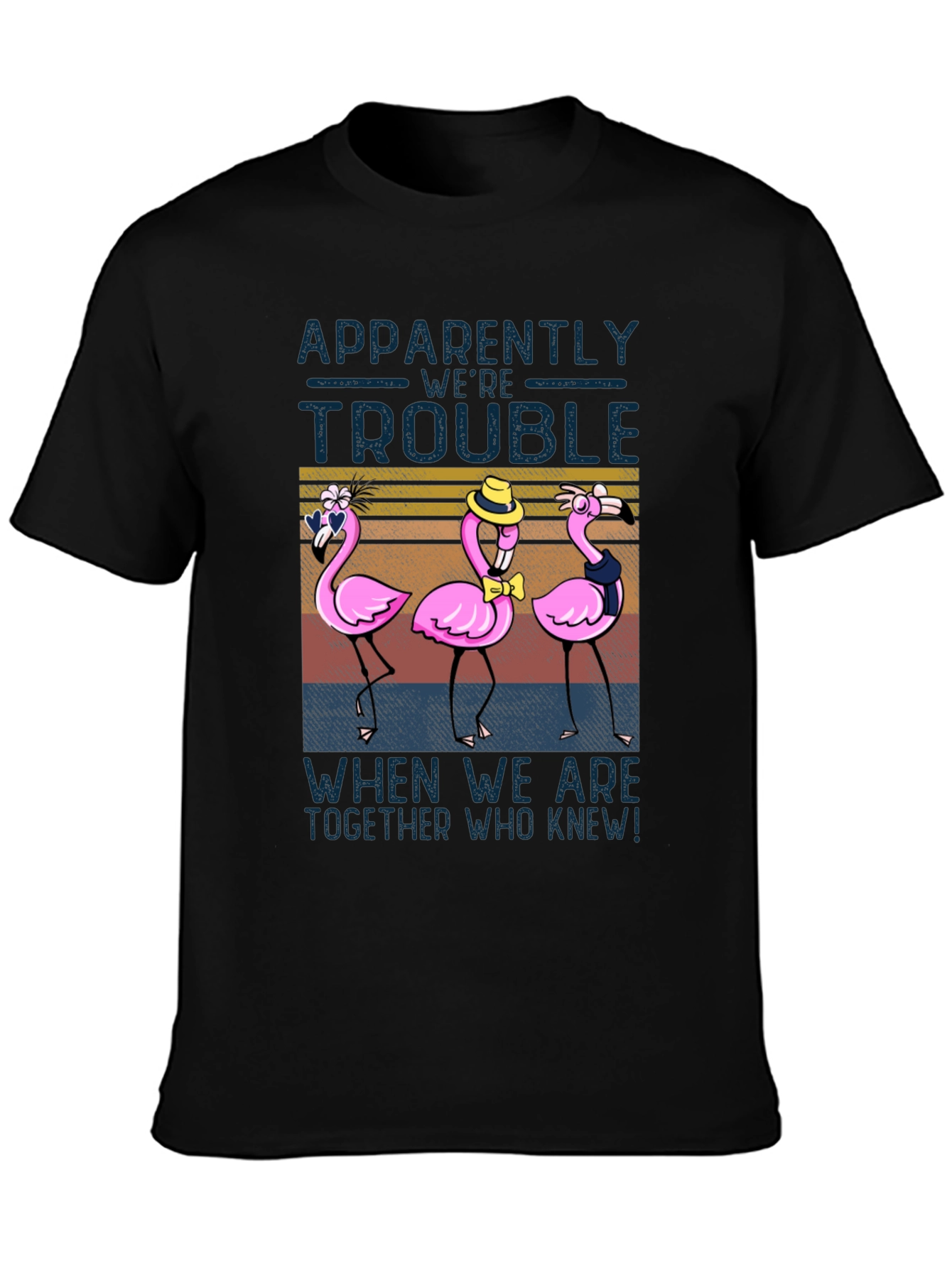 Black Funny Flamingo Trouble T-Shirt - Novelty Design view 3