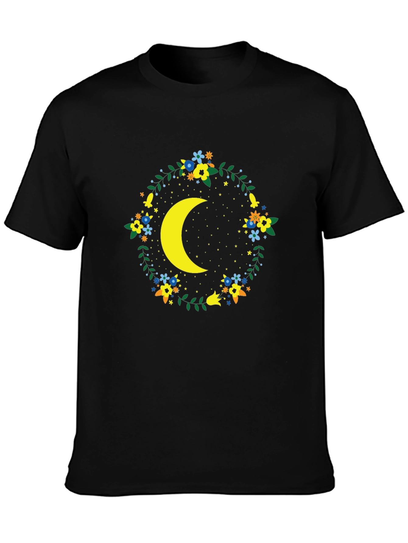 Black Floral Crescent Moon Graphic Tee - Black view 3