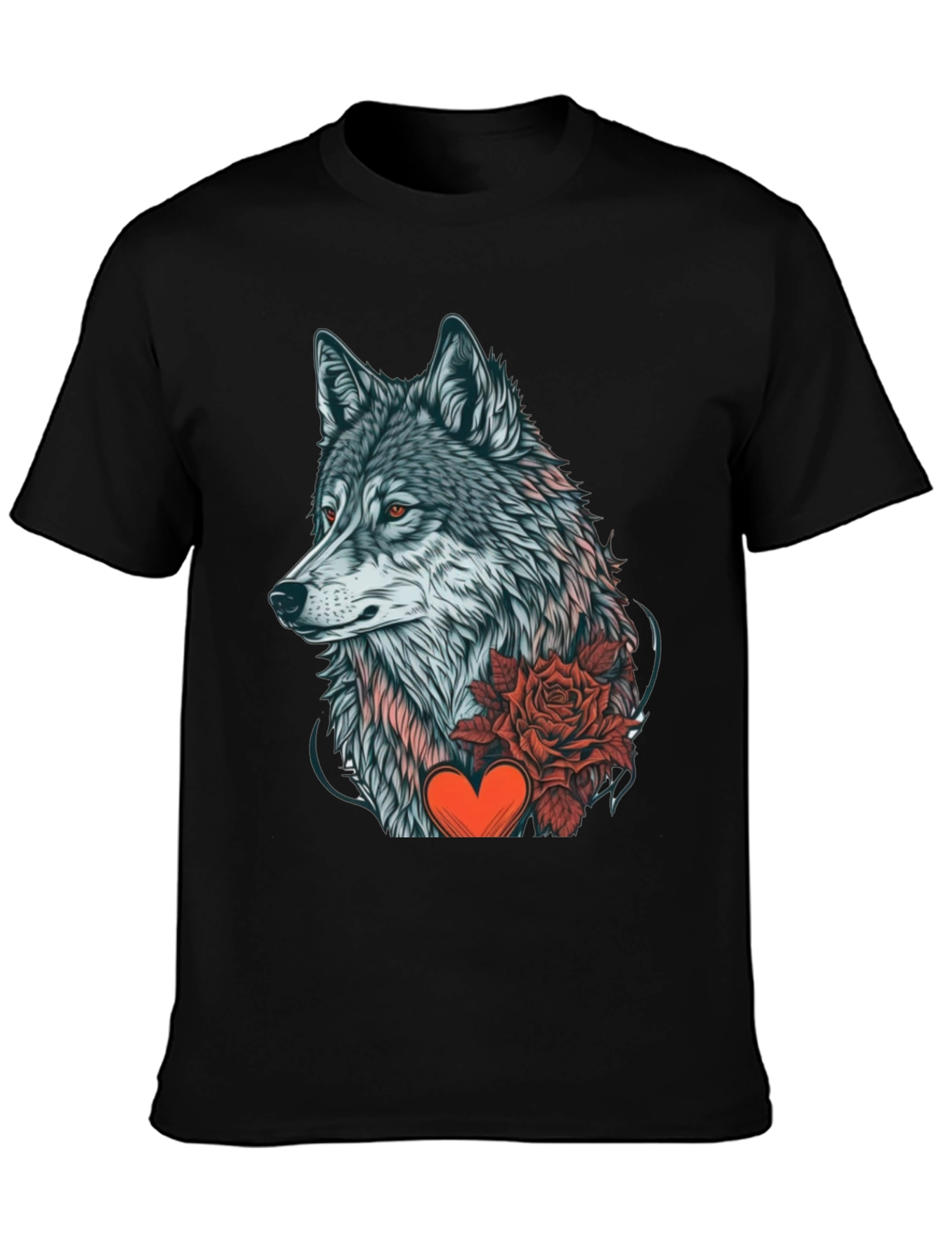 Black Wolf Rose Heart Graphic Black T-Shirt view 3