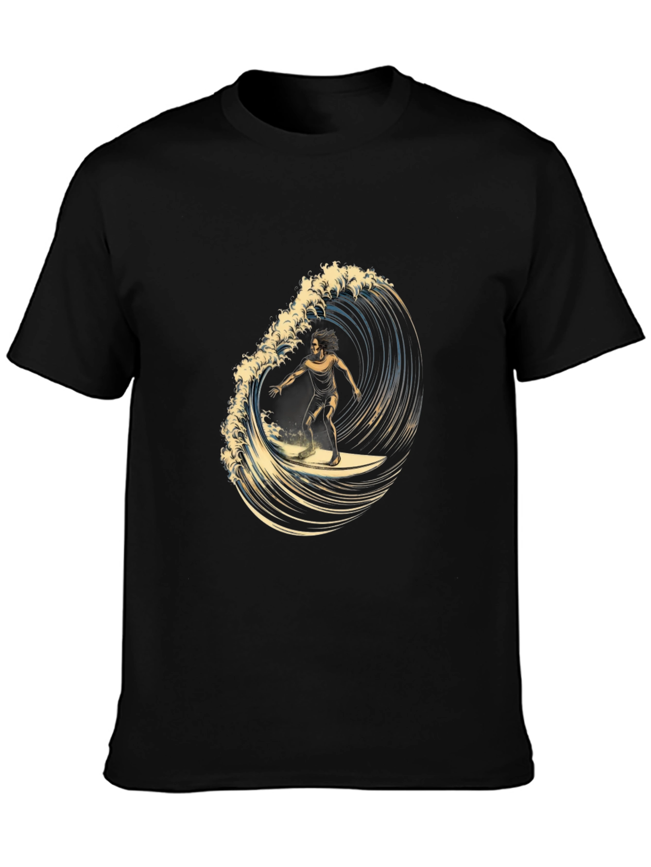 Black Surfer Wave Graphic Tee - Black Cotton Casual view 3
