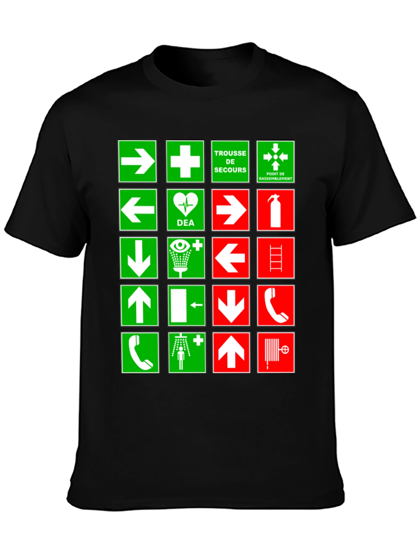 Black Safety Signs T-Shirt - Green & Red Graphic Tee view 3
