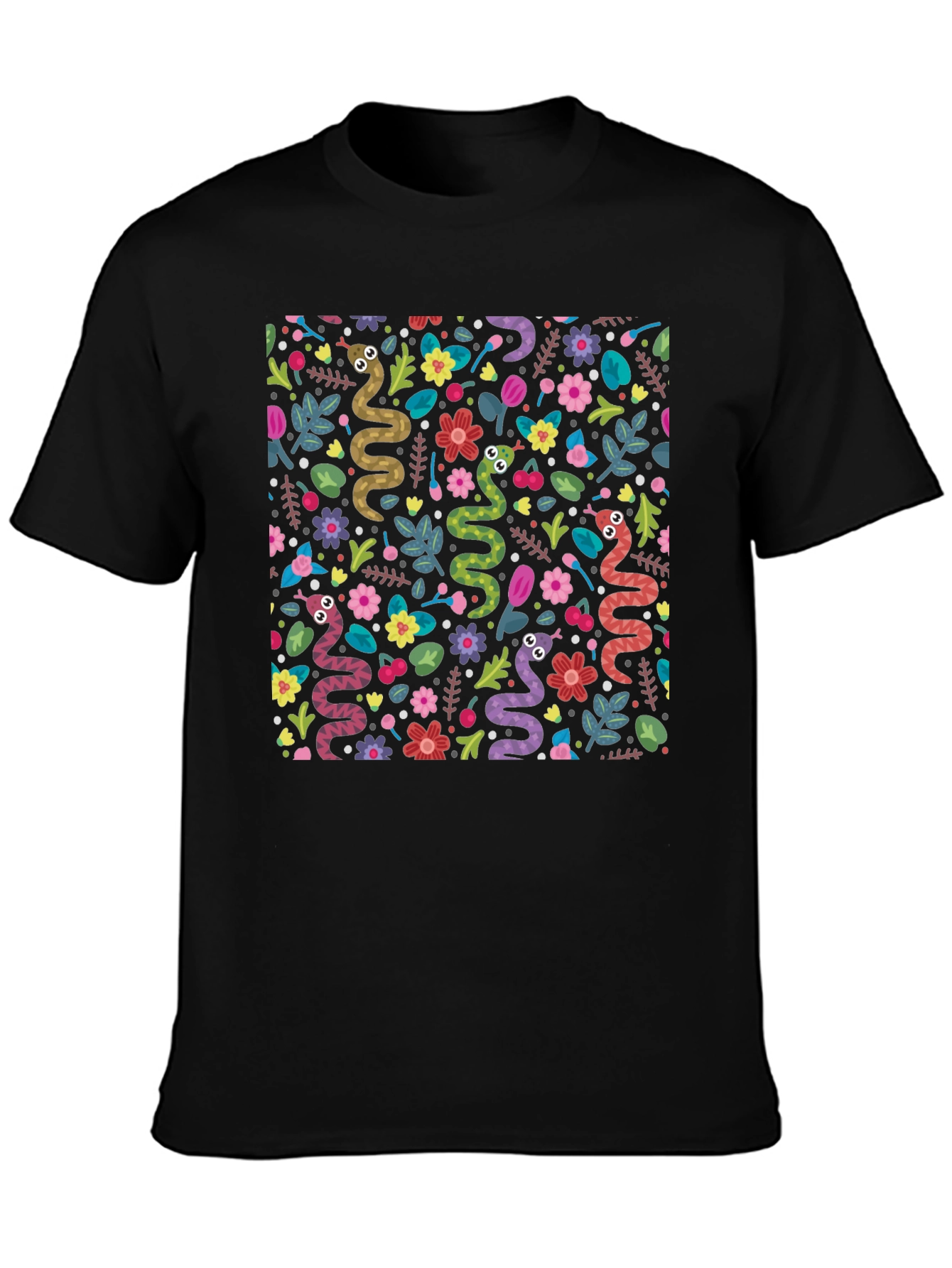 Black Snakes & Flowers Black Tee - Fun Animal Print view 3