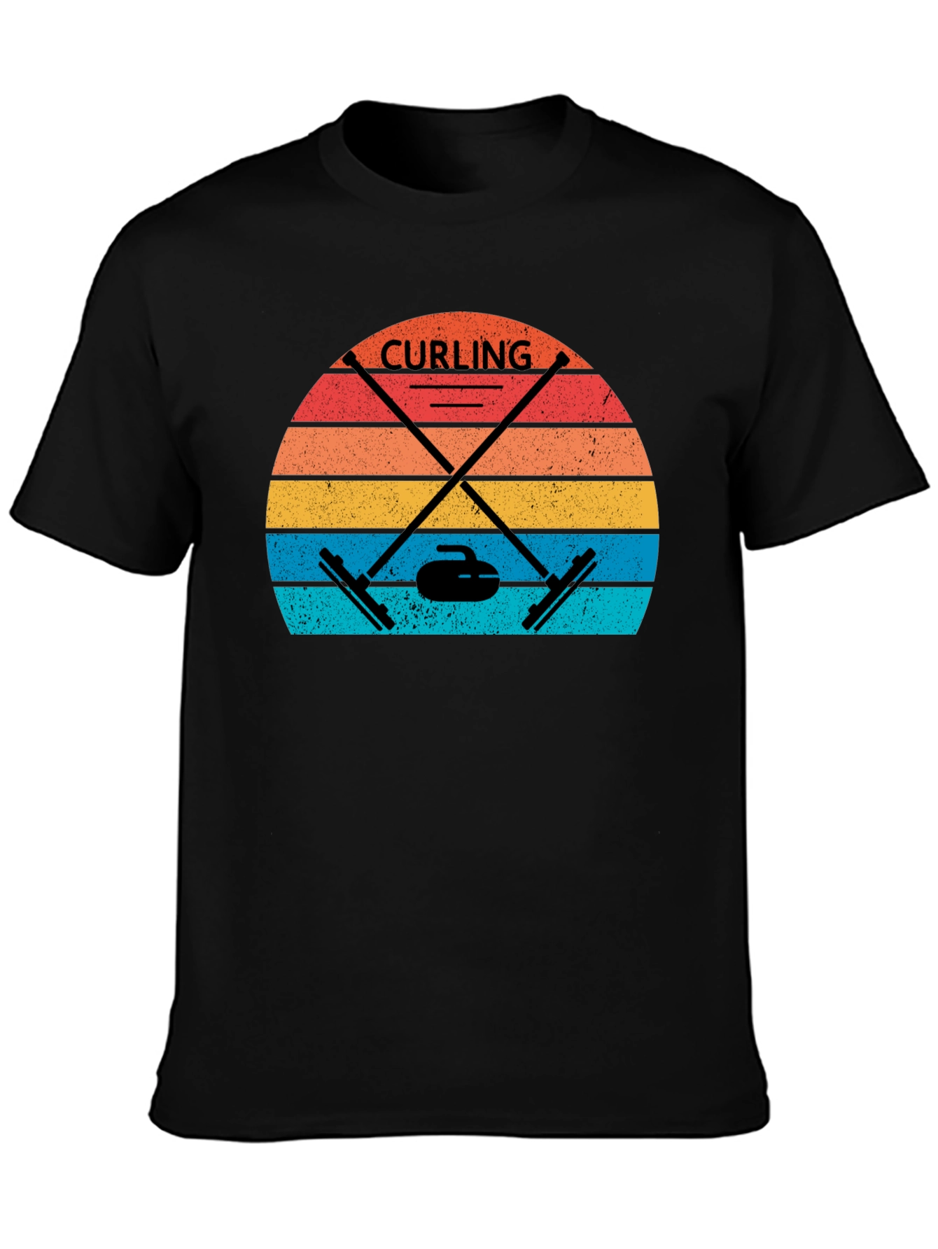 Black Retro Curling T-Shirt - Vintage Sunset Design view 3