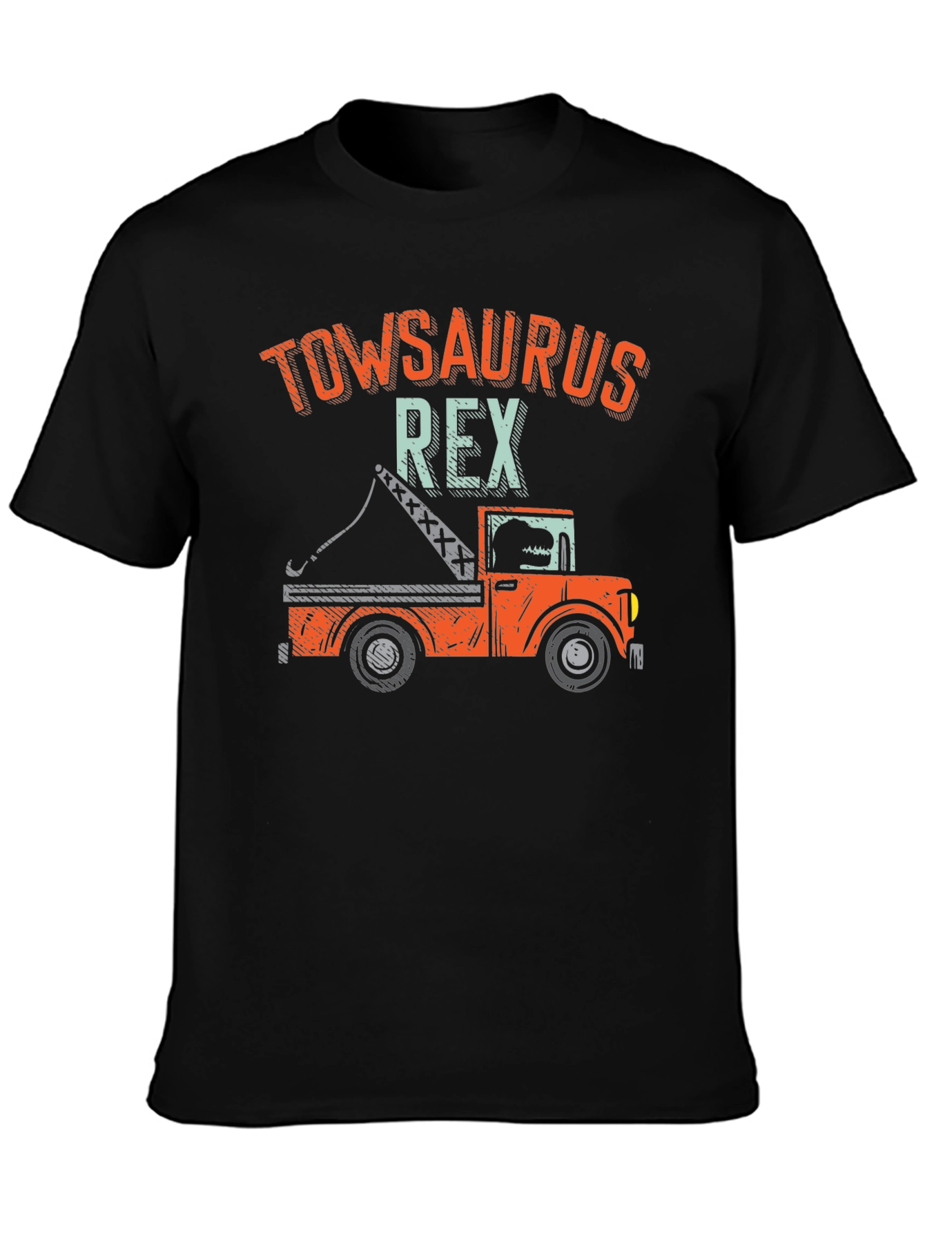 Black TowSaurus Rex T-Shirt - Funny Tow Truck Dinosaur Tee view 3