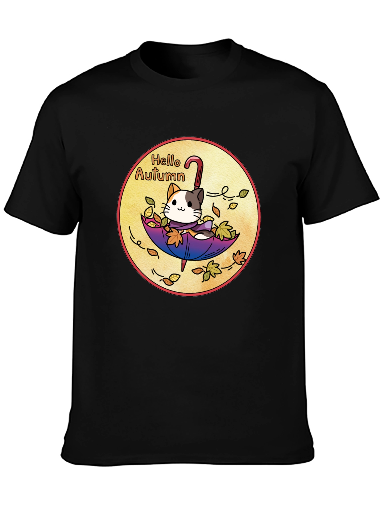 Black Hello Autumn Cat T-Shirt - Unique Fall Design view 3
