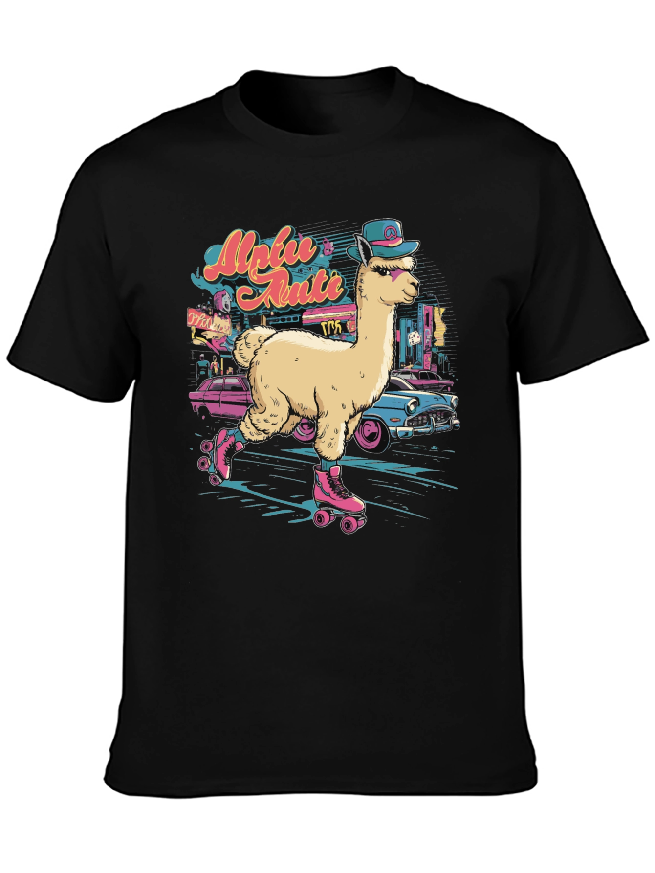 Black Retro Roller Skating Alpaca T-Shirt view 3