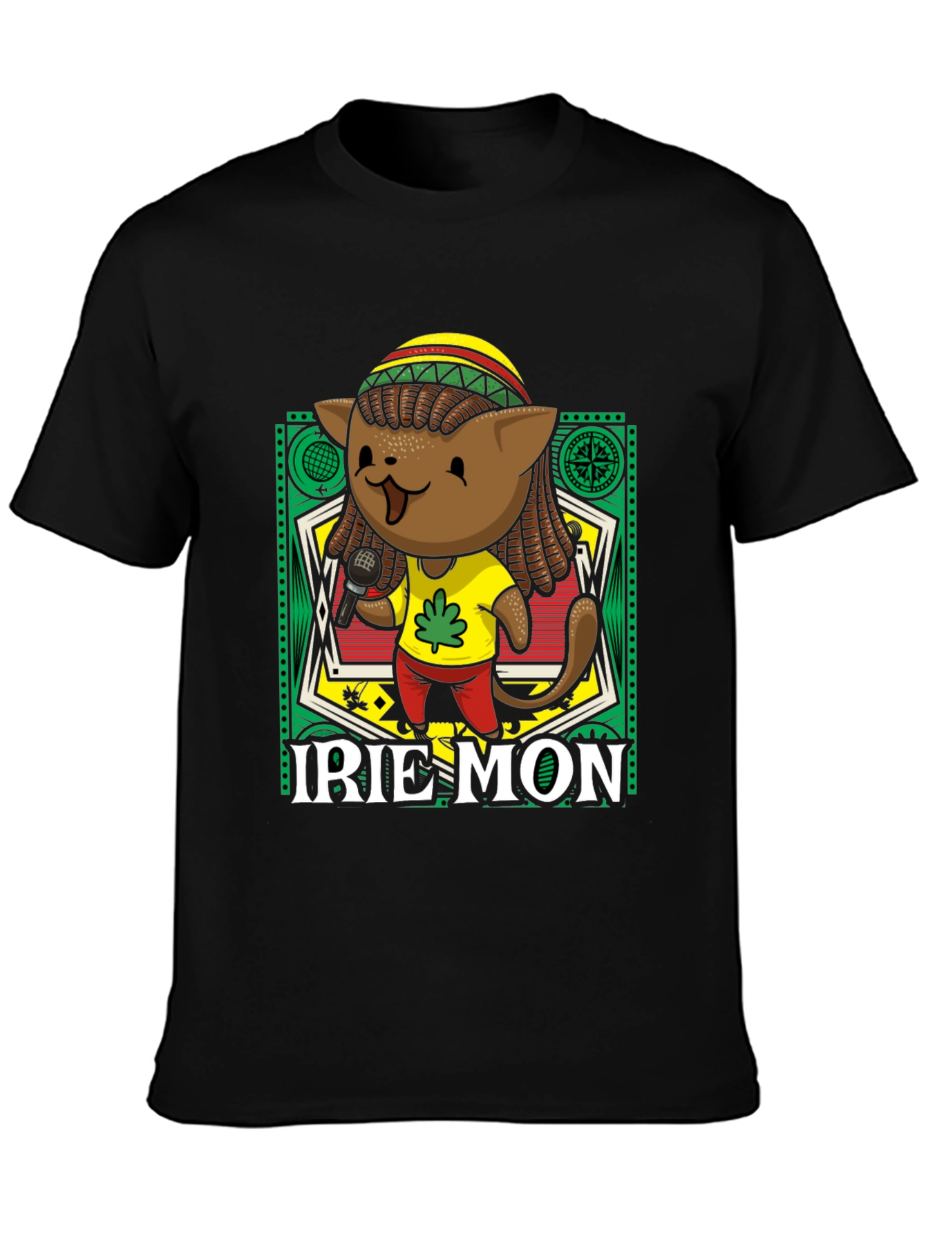 Black Irie Mon Jamaican Cat Graphic T-Shirt view 3