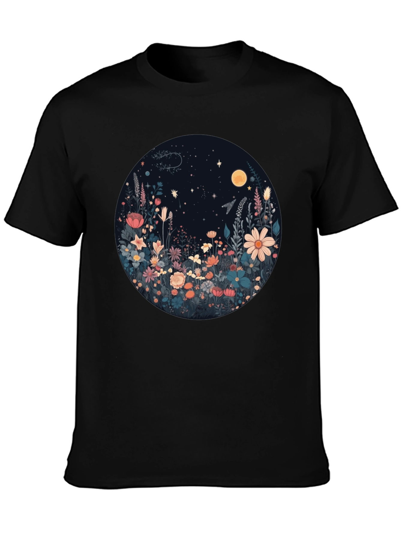 Black Floral Moon T-Shirt - Black Graphic Tee view 3