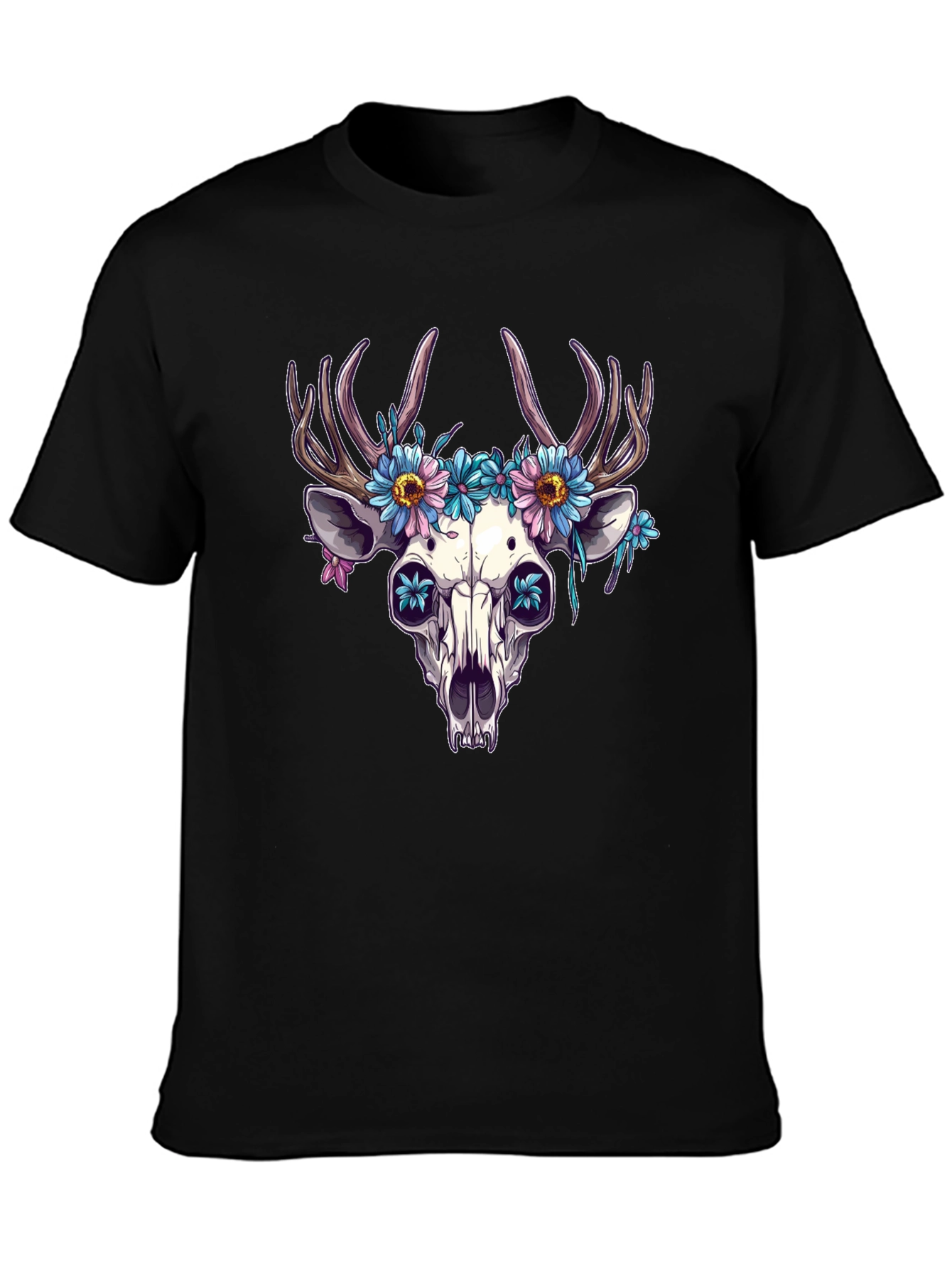 Black Floral Deer Skull Graphic Tee - Edgy Style view 3