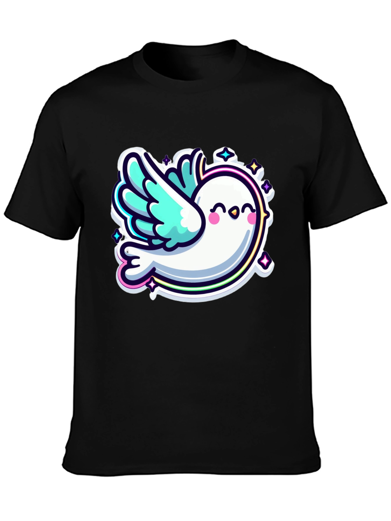 Black Cute Cartoon Dove Graphic Black T-Shirt view 3