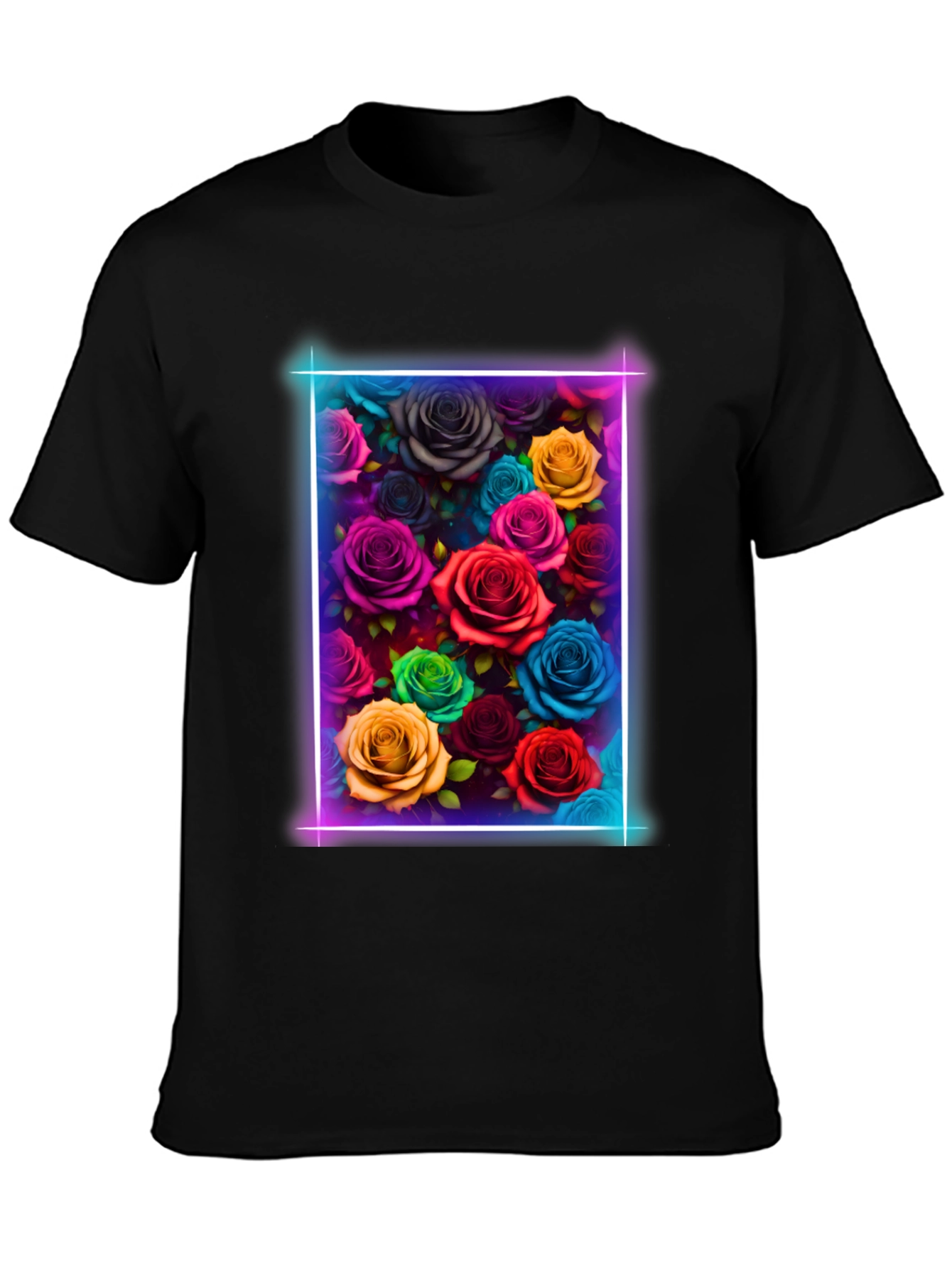 Black Neon Roses Graphic Tee - Vibrant Floral Design view 3
