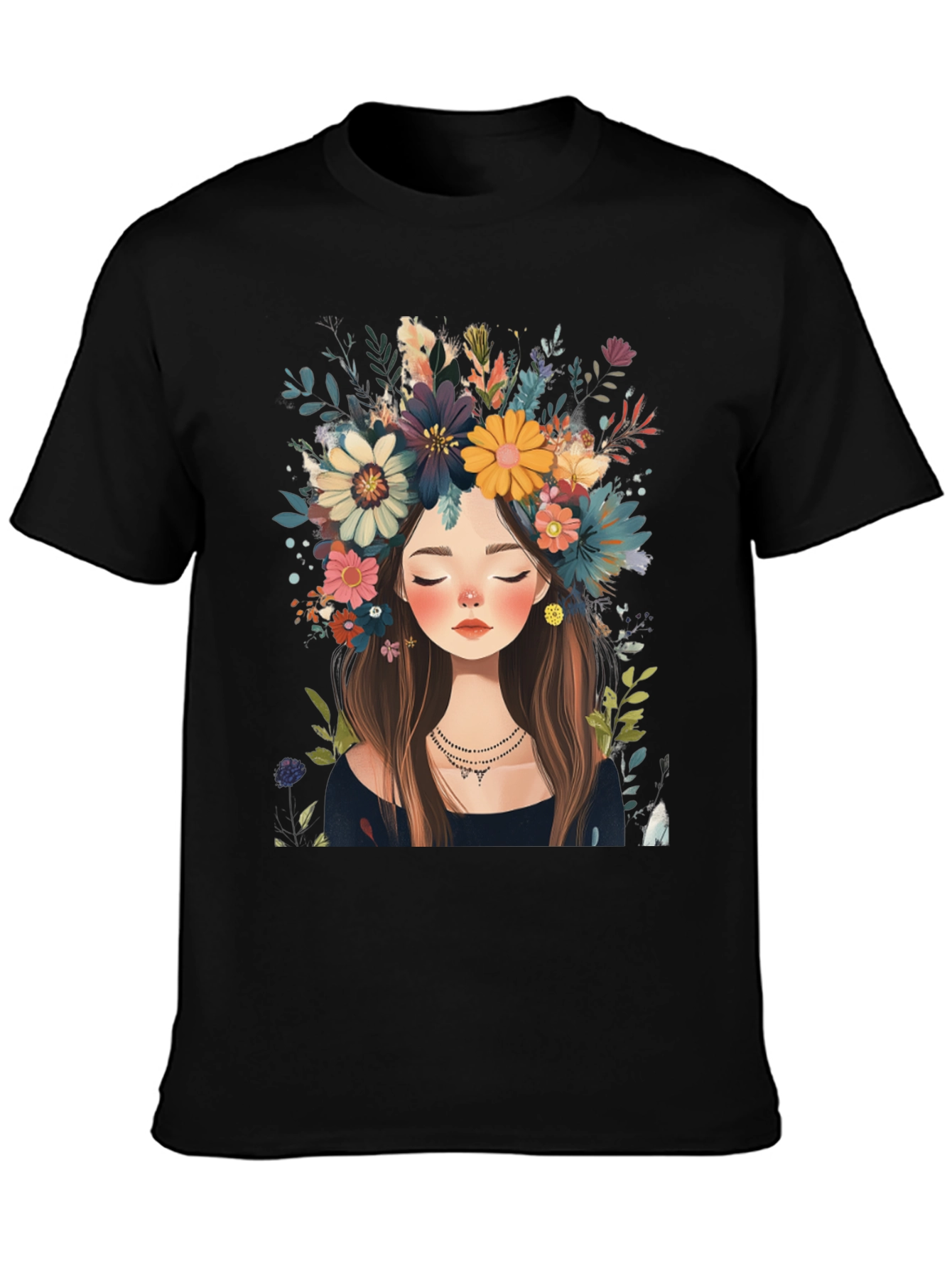Black Floral Crown Girl Black T-Shirt view 3