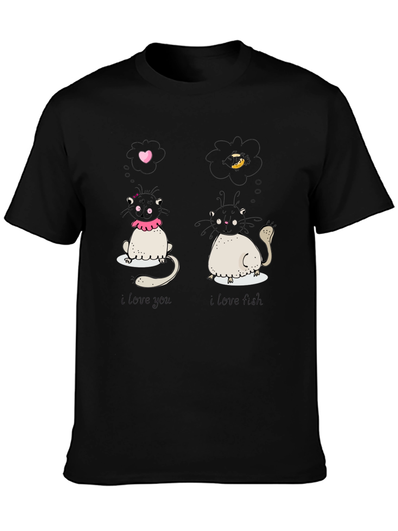 Black Cute Cat Love and Food Graphic Black T-Shirt view 3