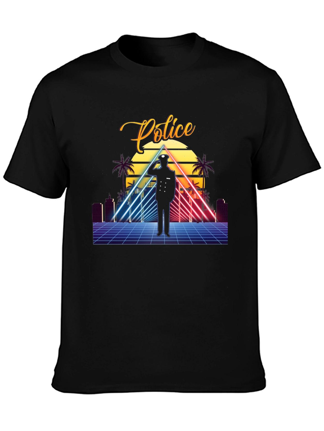 Black Retro Police Graphic T-Shirt - Synthwave Design view 3