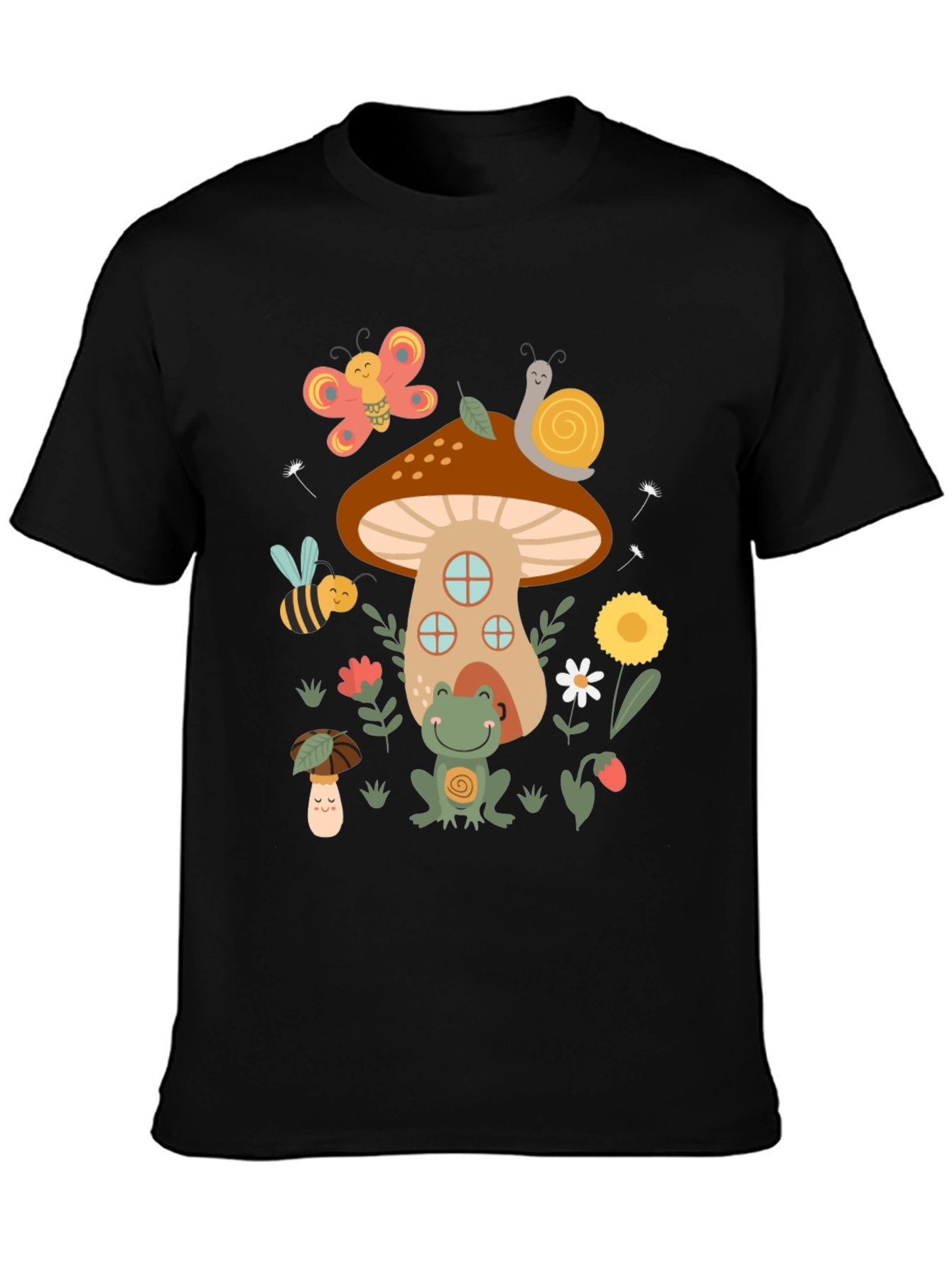 Black Cute Mushroom House Graphic T-Shirt view 3